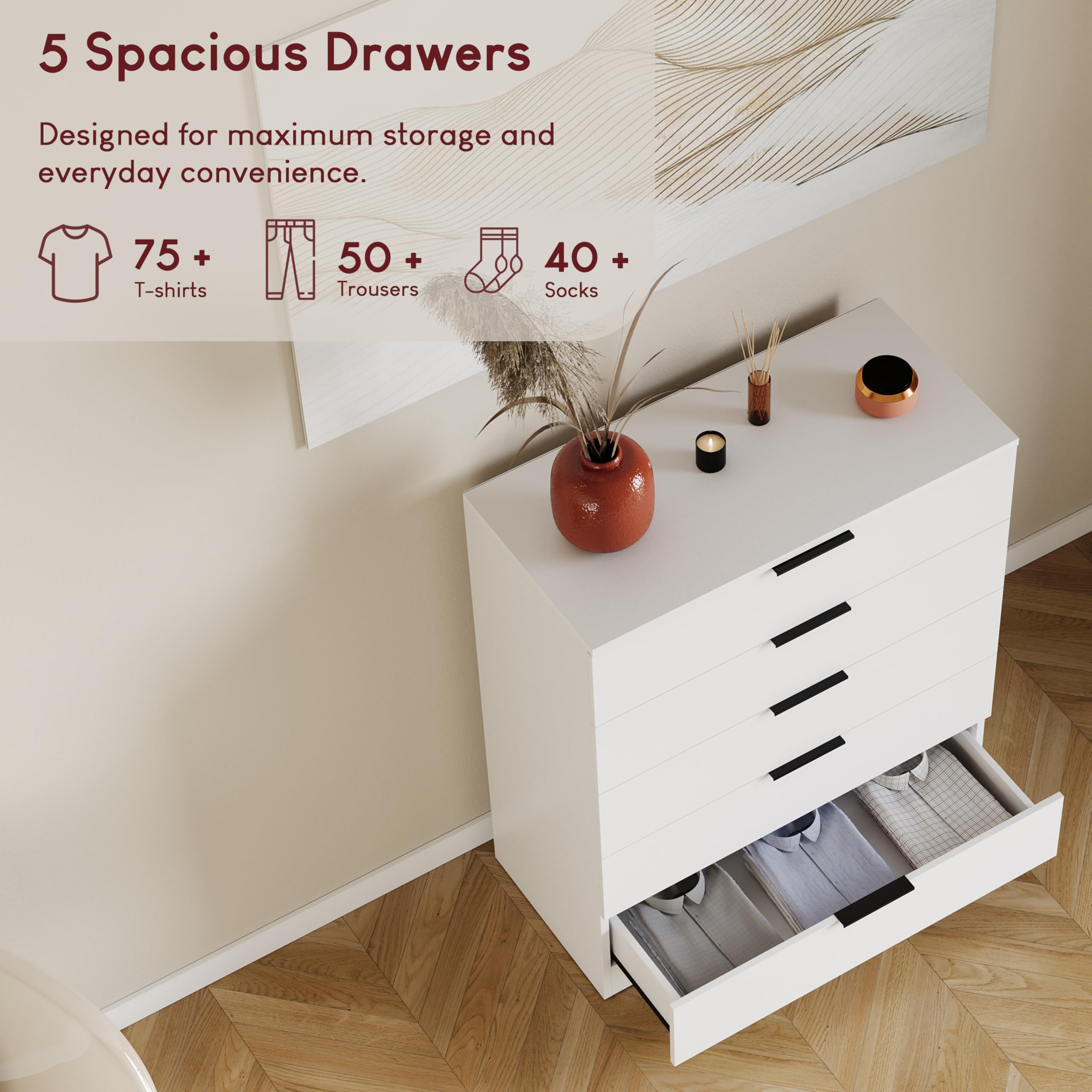 Vida Designs Trega 5 Drawer Chest of Drawers - White | 90H x 66W x 36D cm | Space-Saving 5