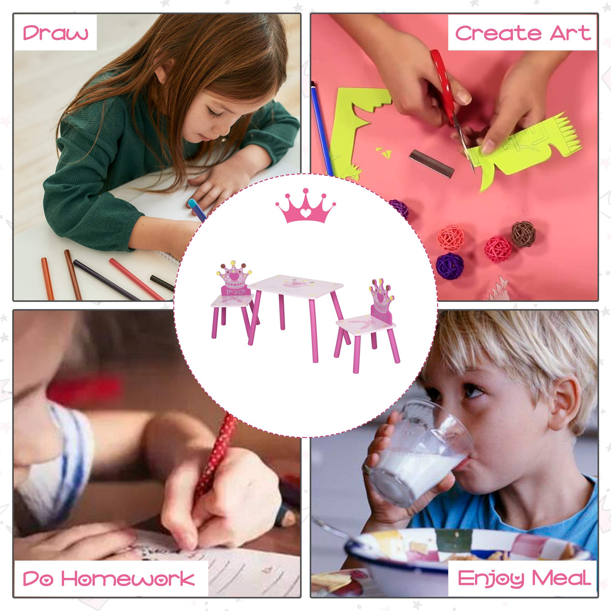 HOMCOM 3 Pc Kids Table and Chair Set - Princess & Crown Theme | MDF & Pine Wood | Pink 4