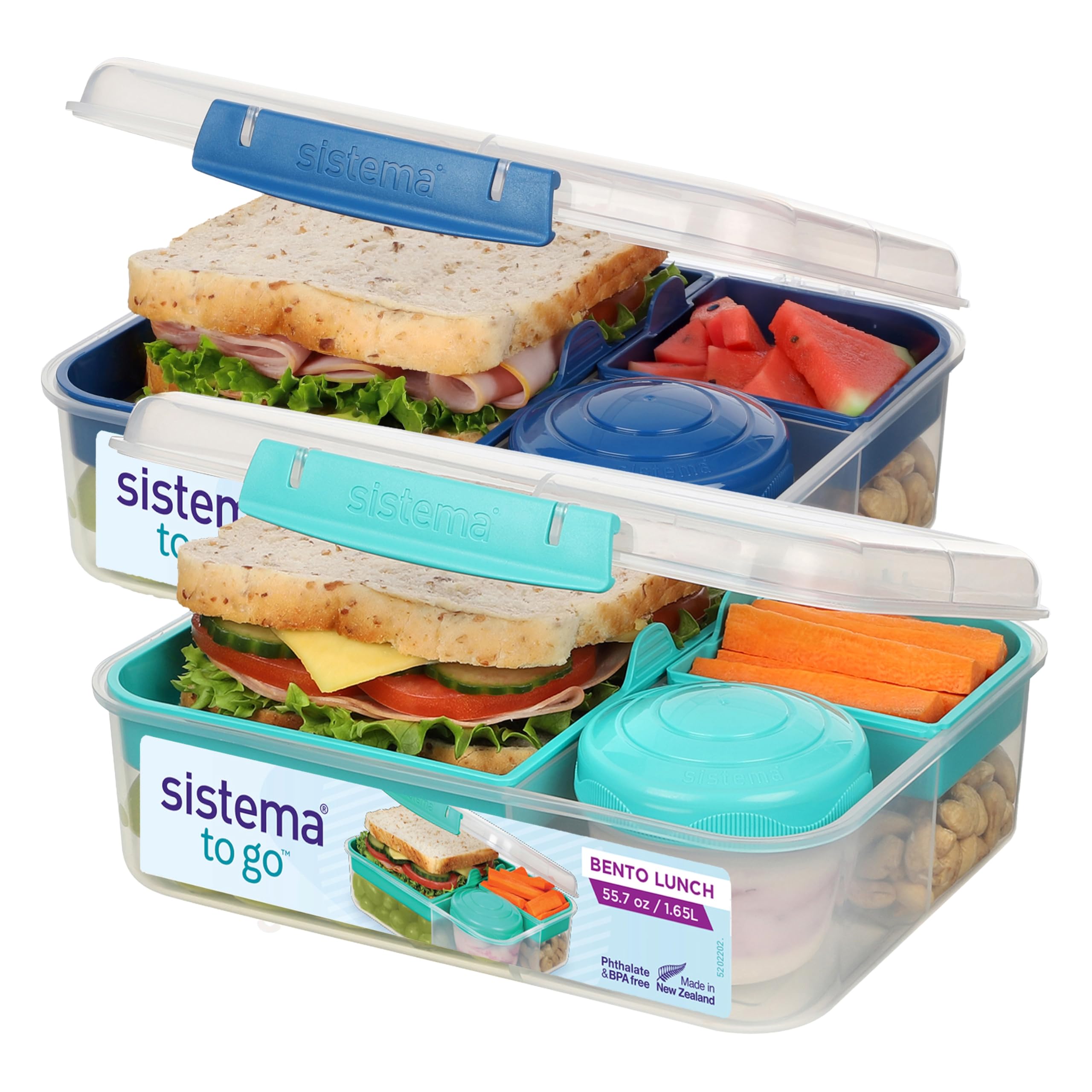 Sistema Bento Box Lunch Container - 1.65L Compartments, Hinged Lid | 2 Count Minty Teal & Ocean Blue