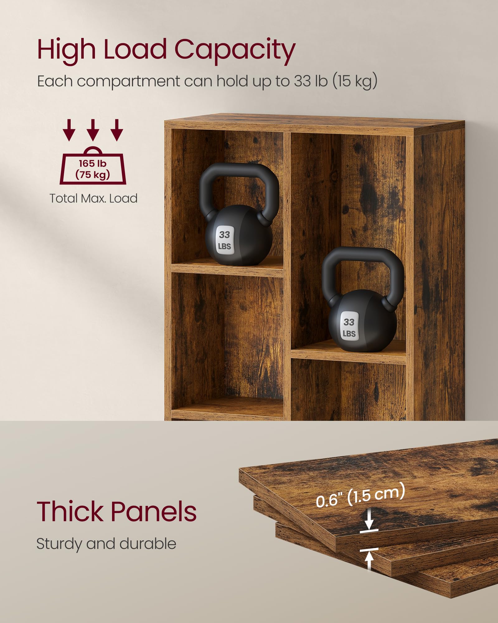 VASAGLE Bookcase Storage Shelf with 5 Compartments | Rustic Brown Engineered Wood | 24x50x80 cm 6