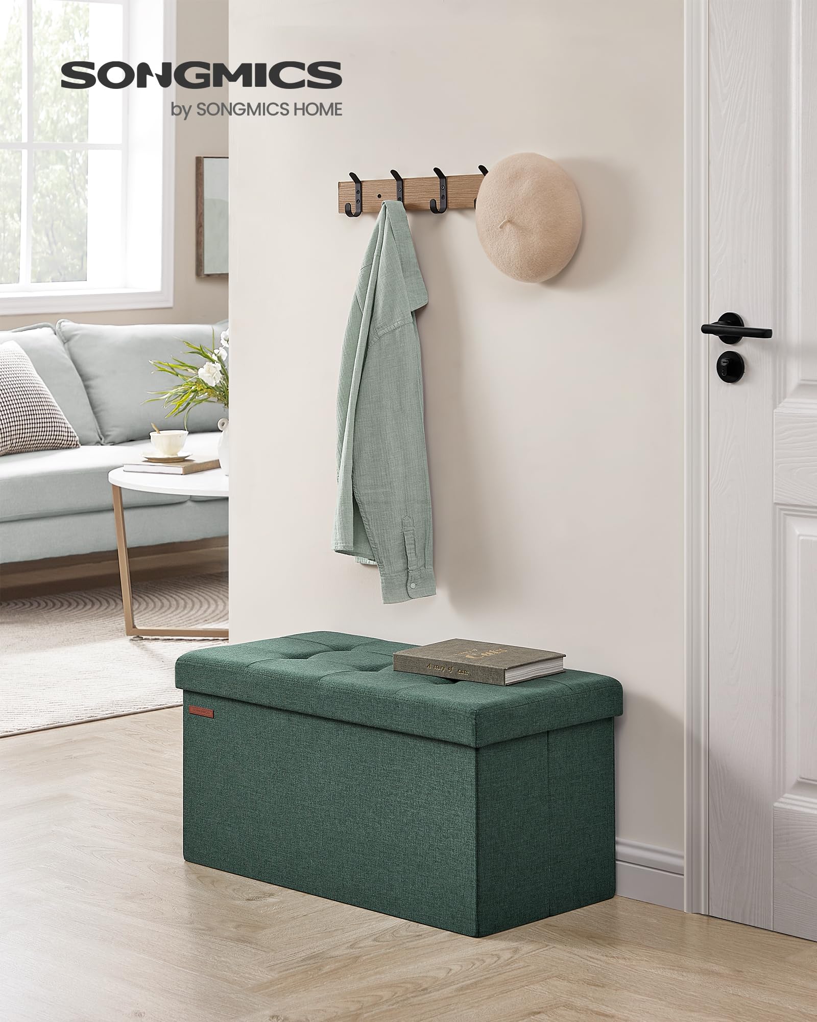 SONGMICS MAZIE Storage Ottoman Bench - 76 cm Wide | Retro Green | 300 kg Load Capacity 2