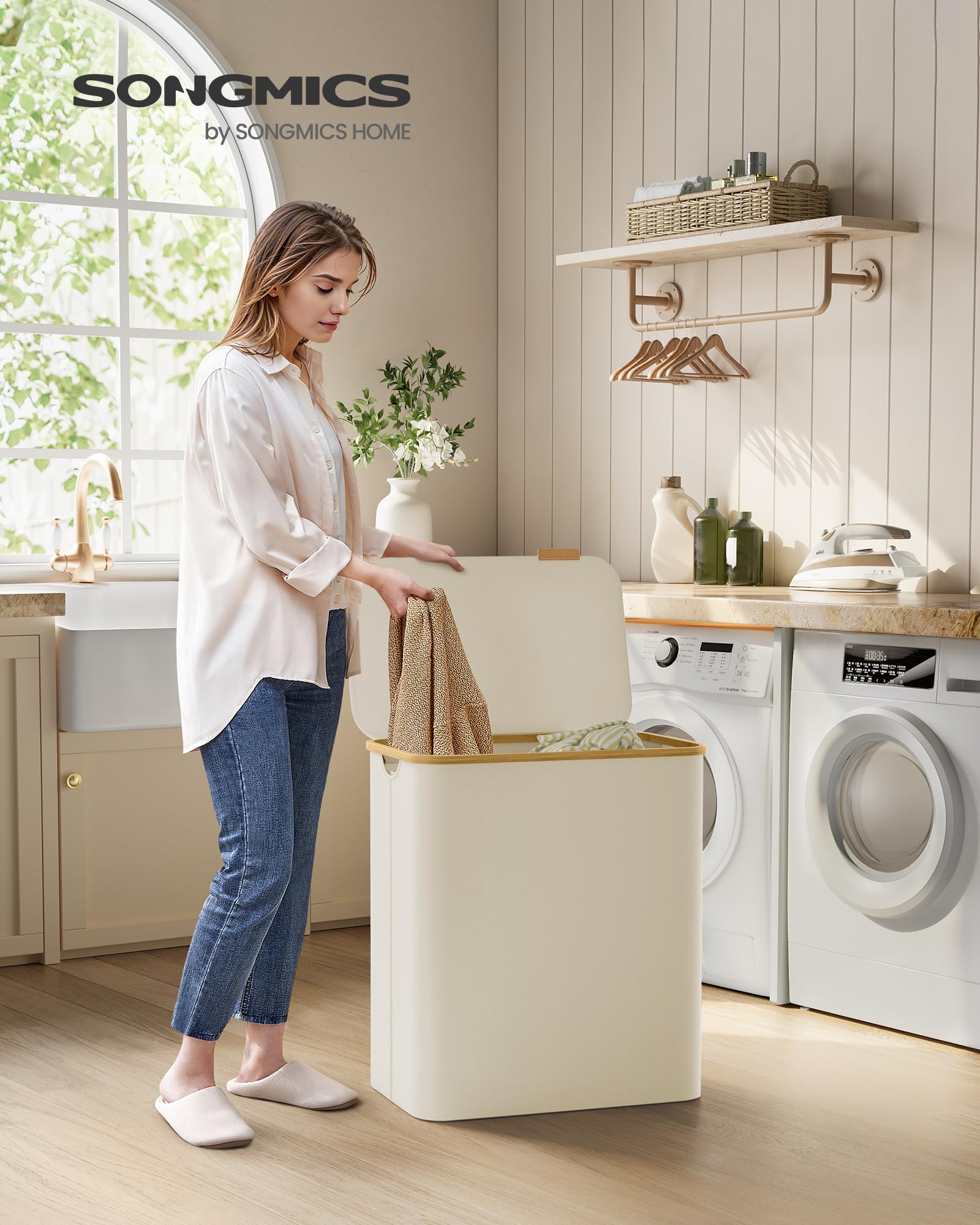 SONGMICS 3-Section Large Laundry Hamper with Lid, 150L Capacity, Collapsible, Cream White
