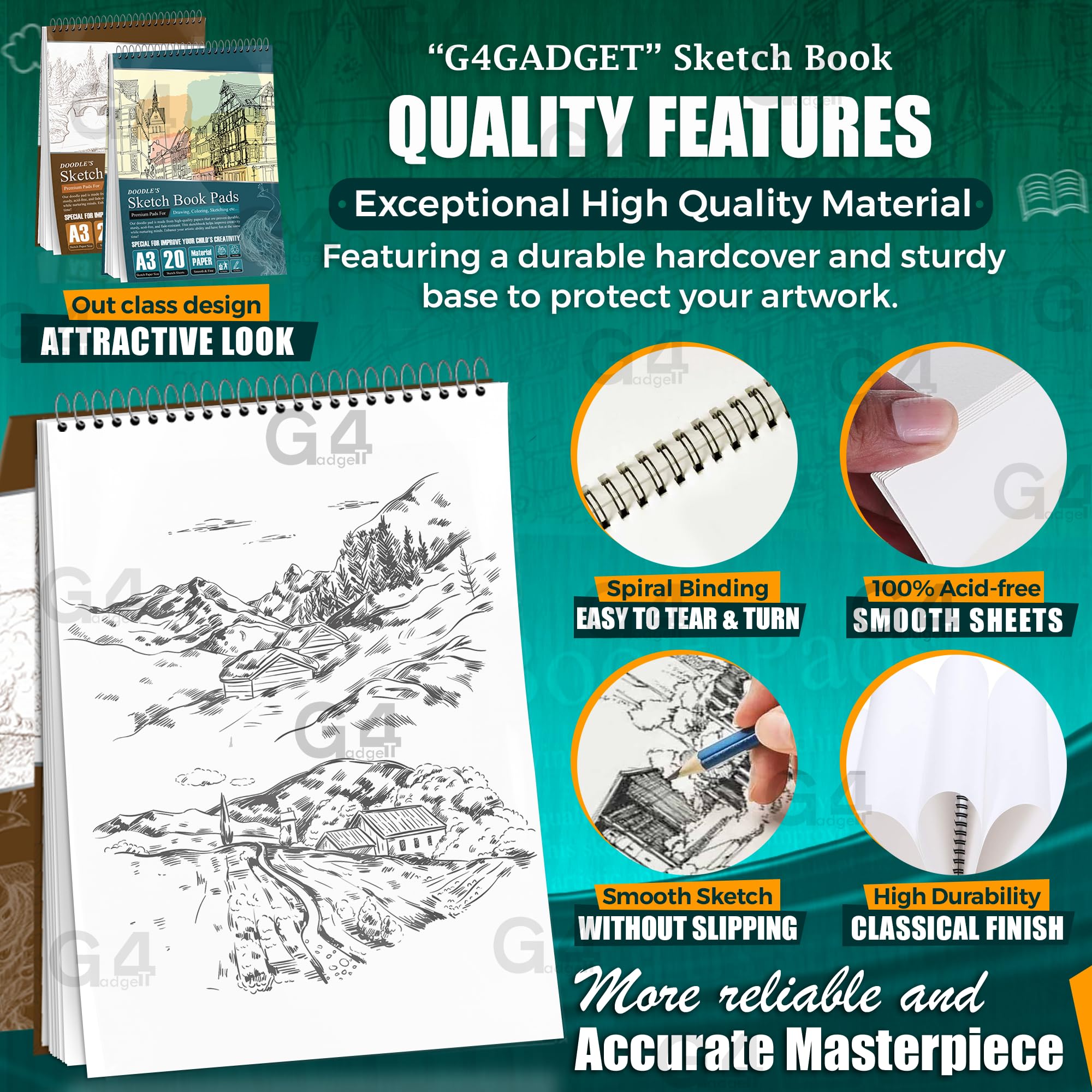 G4GADGET Sketchbook - 2 Pack A3 Drawing Pads | 170 GSM Thick Paper | Wiro Bound 3