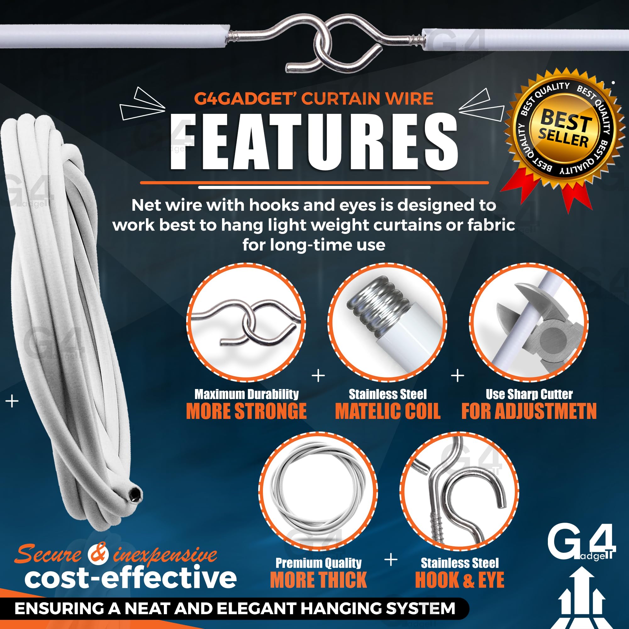 G4GADGET 3M Net Curtain Wire with 8 Hooks & 8 Eyes | Alloy Steel | White 4