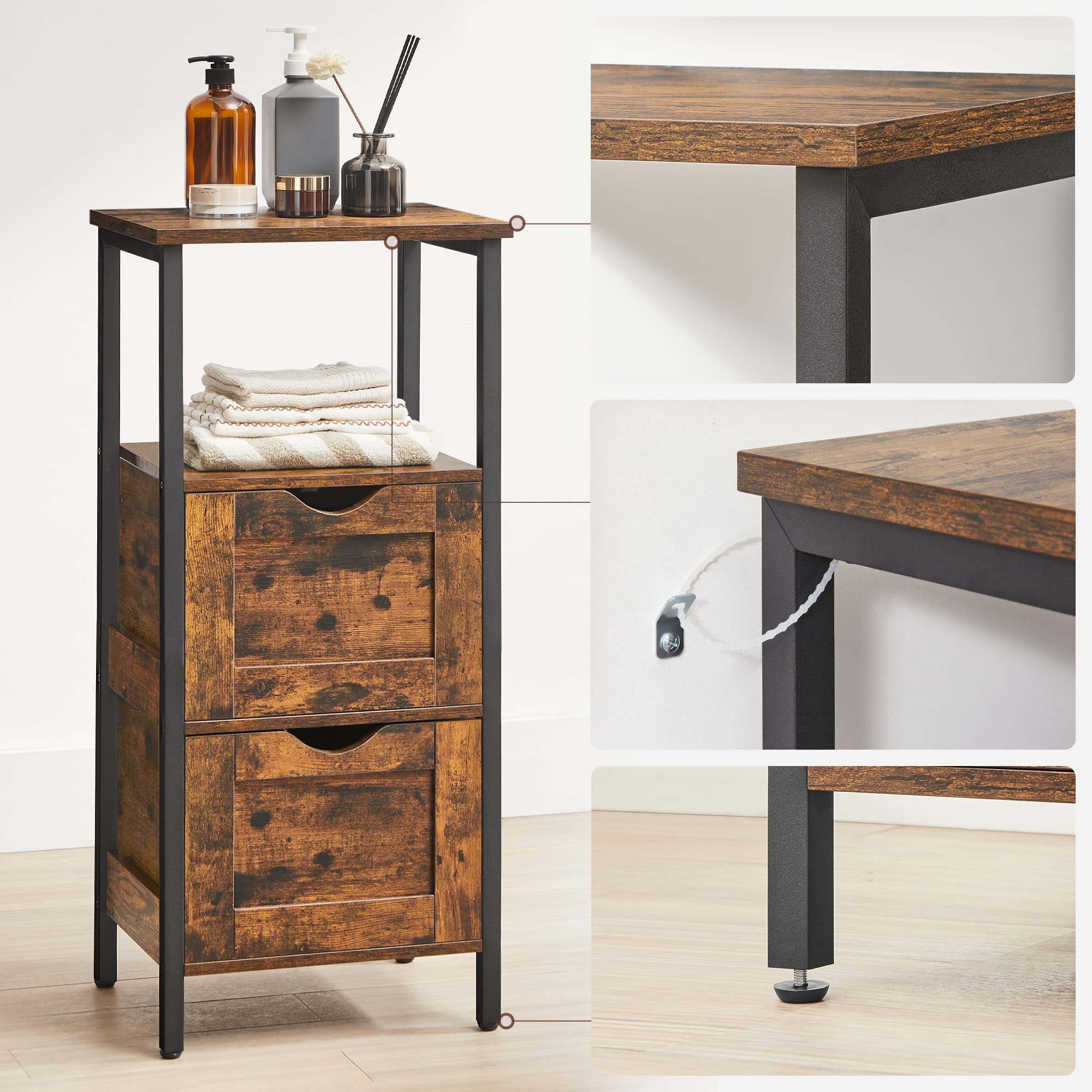 VASAGLE Bathroom Floor Cabinet - Rustic Brown & Black Storage | 37x30x80 cm | Adjustable Feet 8