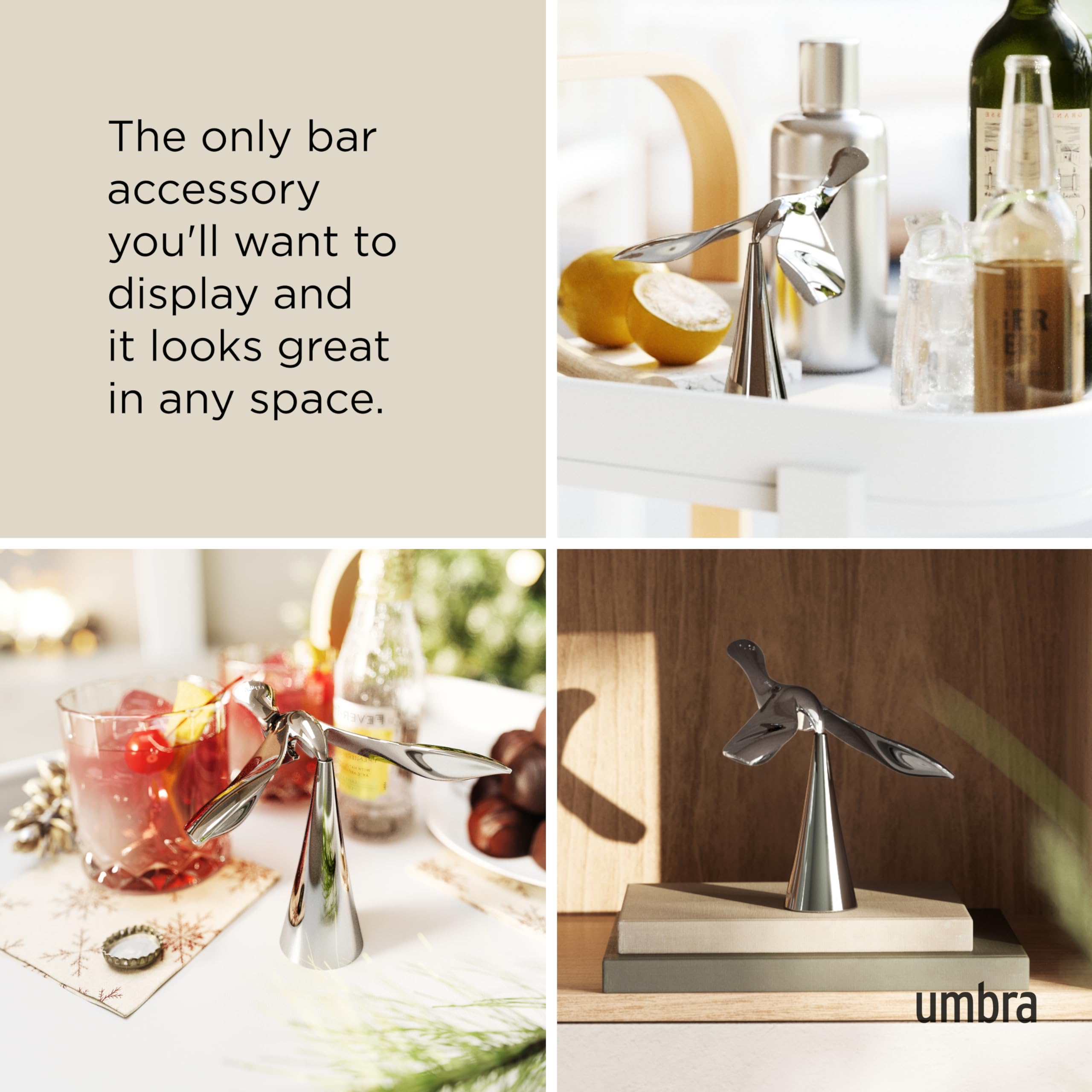 Umbra Tipsy Bottle Opener - Balancing Bird Sculptural Bar Tool | Cast Metal, Chrome Finish 4