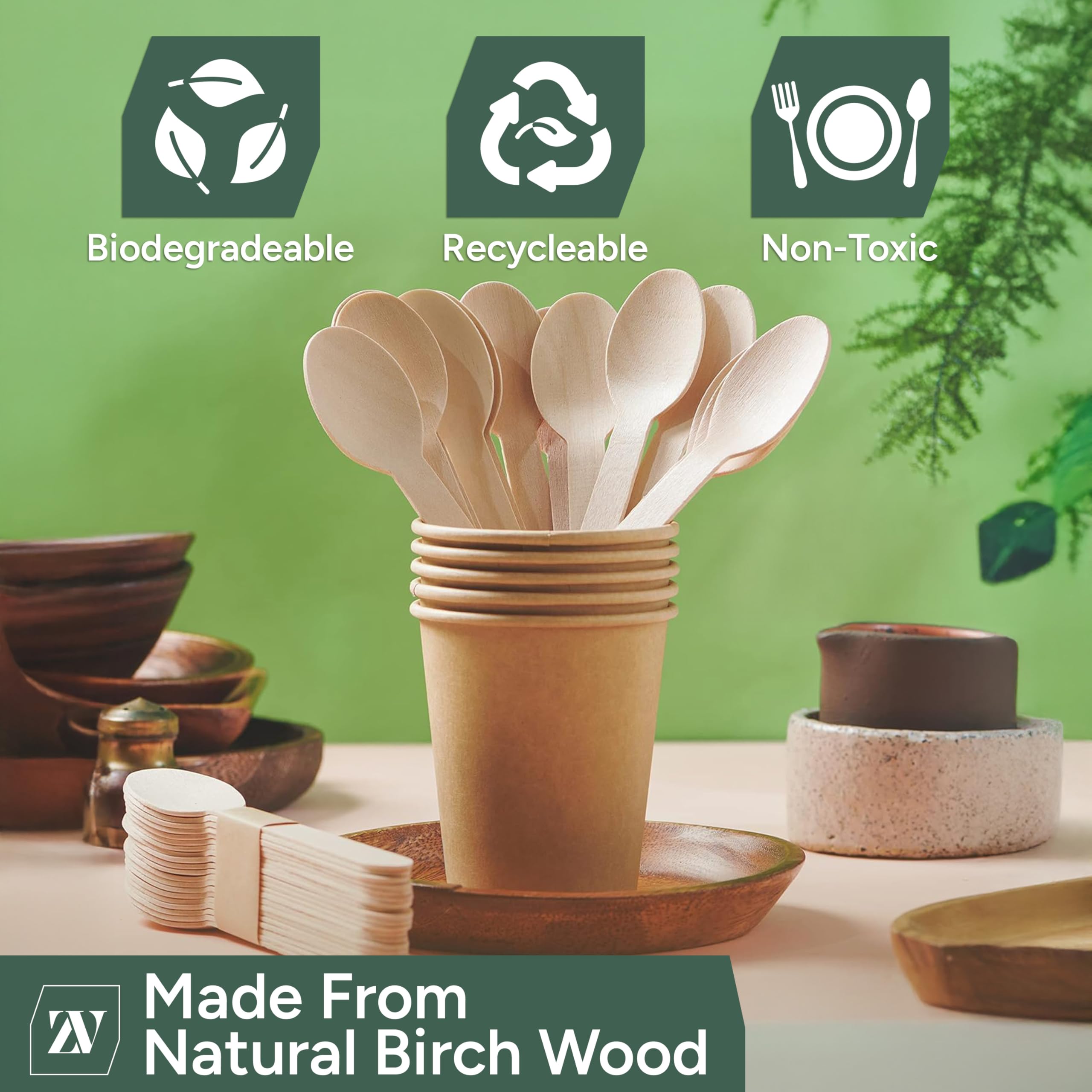 Zuvo Disposable Wooden Spoons - Pack of 100 | Eco-Friendly Birchwood Cutlery 6