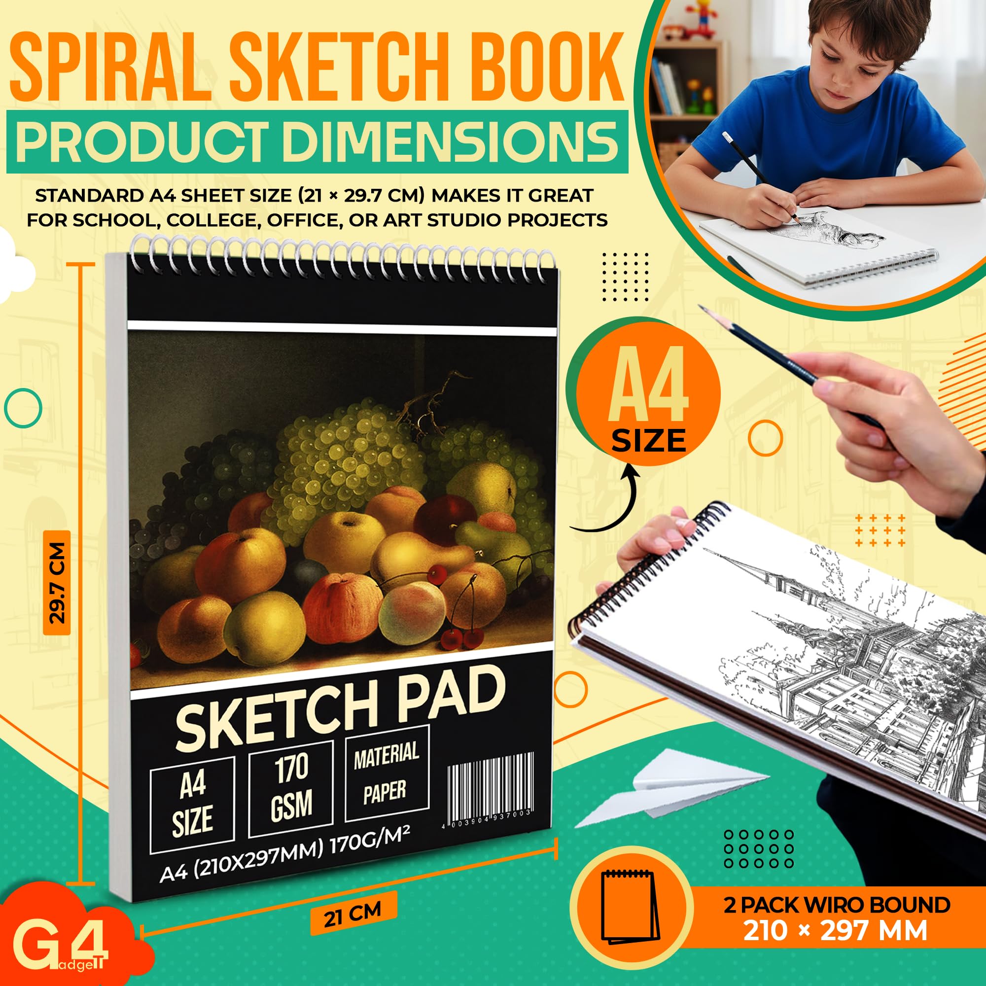 G4GADGET Sketchbook - 2 Pack A3 Drawing Pad | 170 GSM Thick Paper | Wiro Bound 3