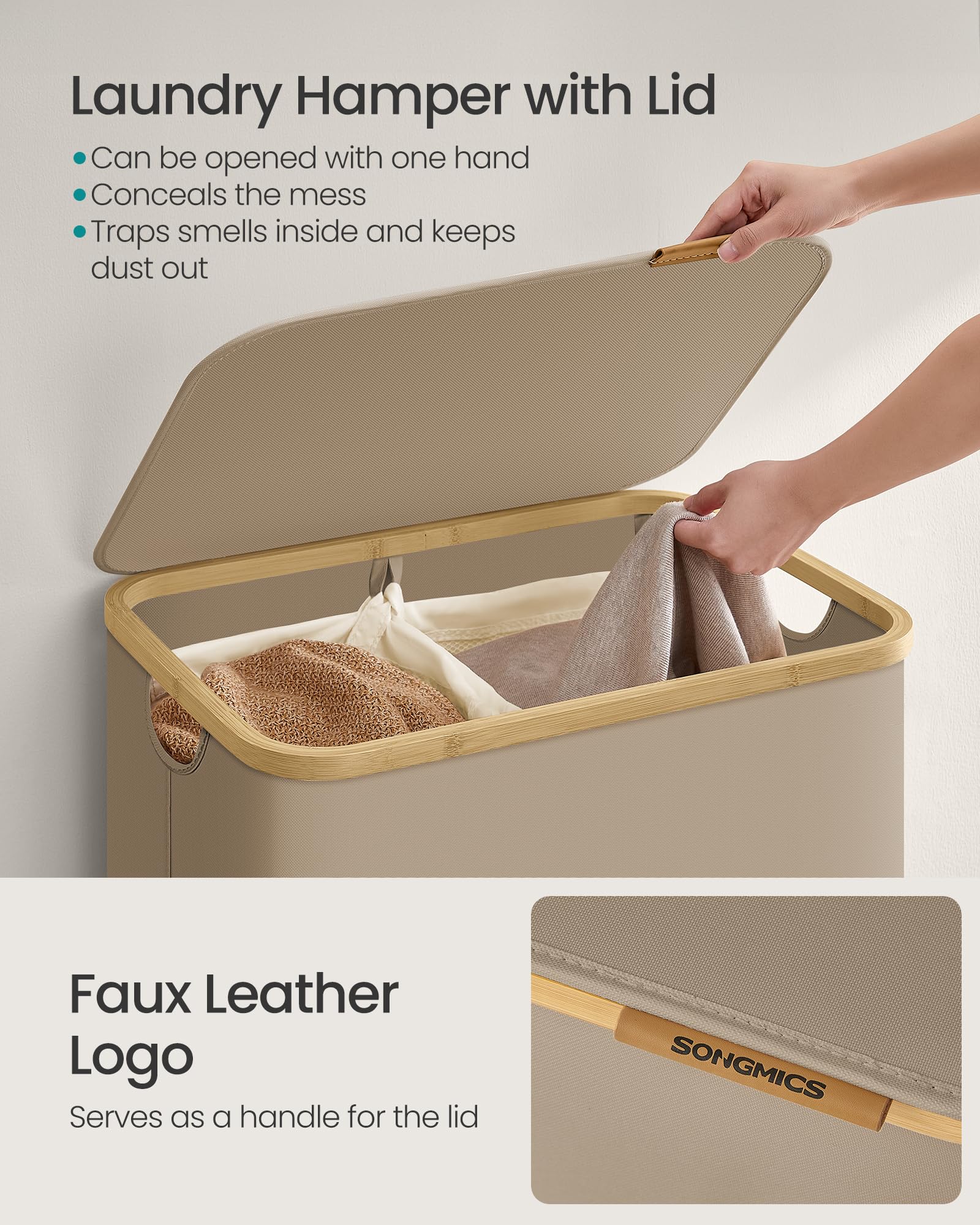 SONGMICS 2-Section Laundry Basket with Lid - 130 L Capacity, Collapsible, Camel Brown 4