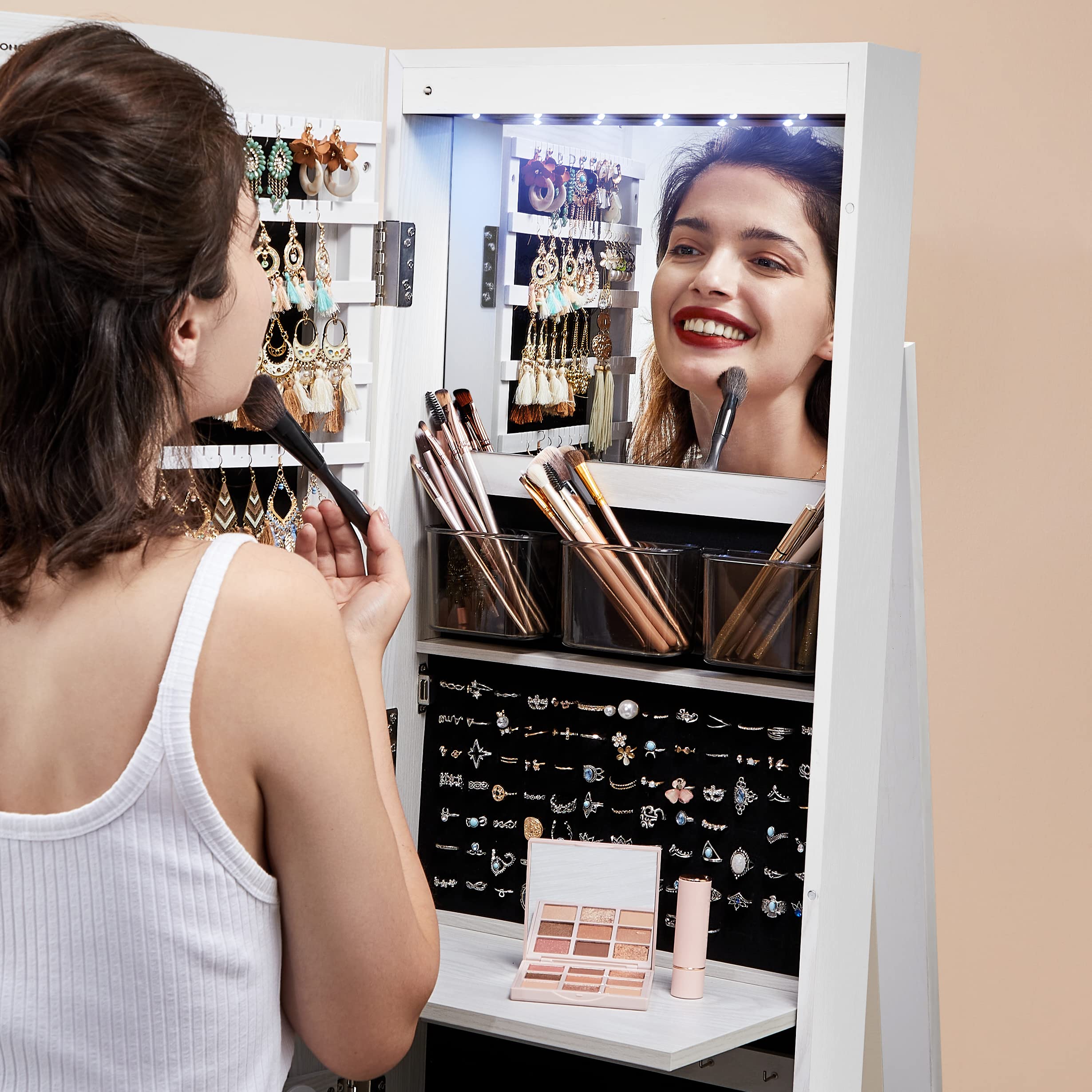 SONGMICS 6 LED Mirror Jewellery Cabinet - 360° Swivel, Lockable, Full-Length Mirror | White/Black 8