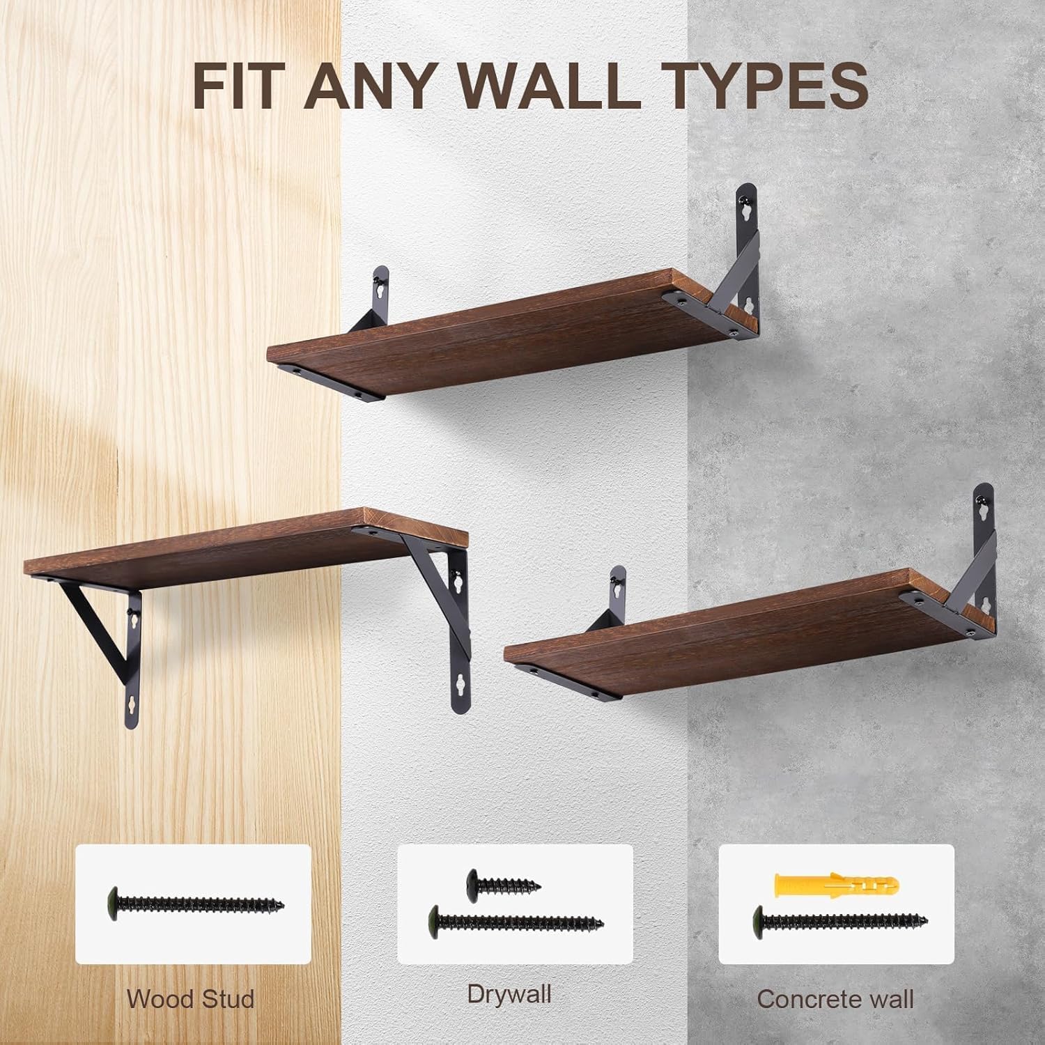 himaly Rustic Wooden Floating Shelves Set of 2, Dark Wood, Max Load 15kg/33lbs Each 4