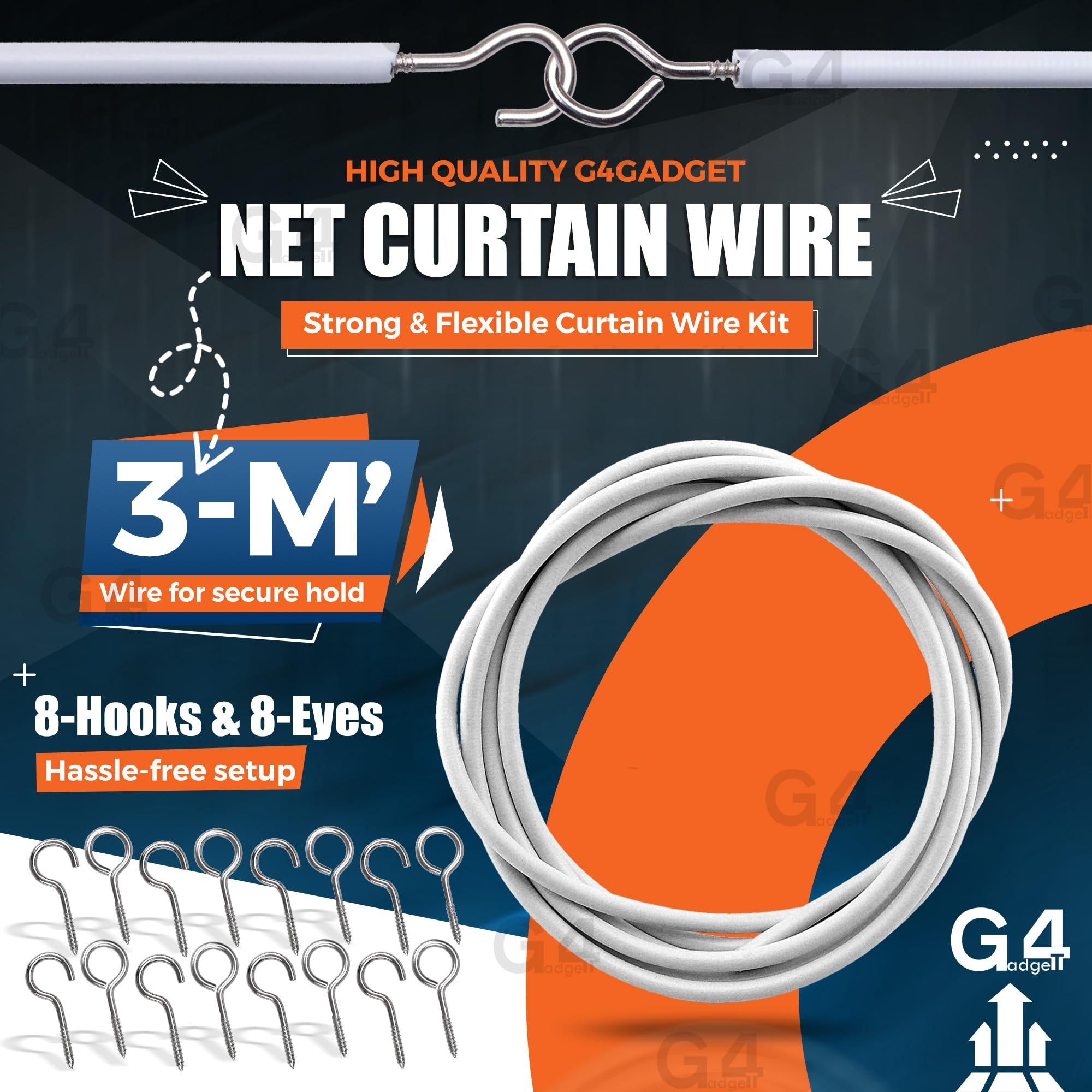 G4GADGET 3M Net Curtain Wire with 8 Hooks & 8 Eyes | Alloy Steel | White 2