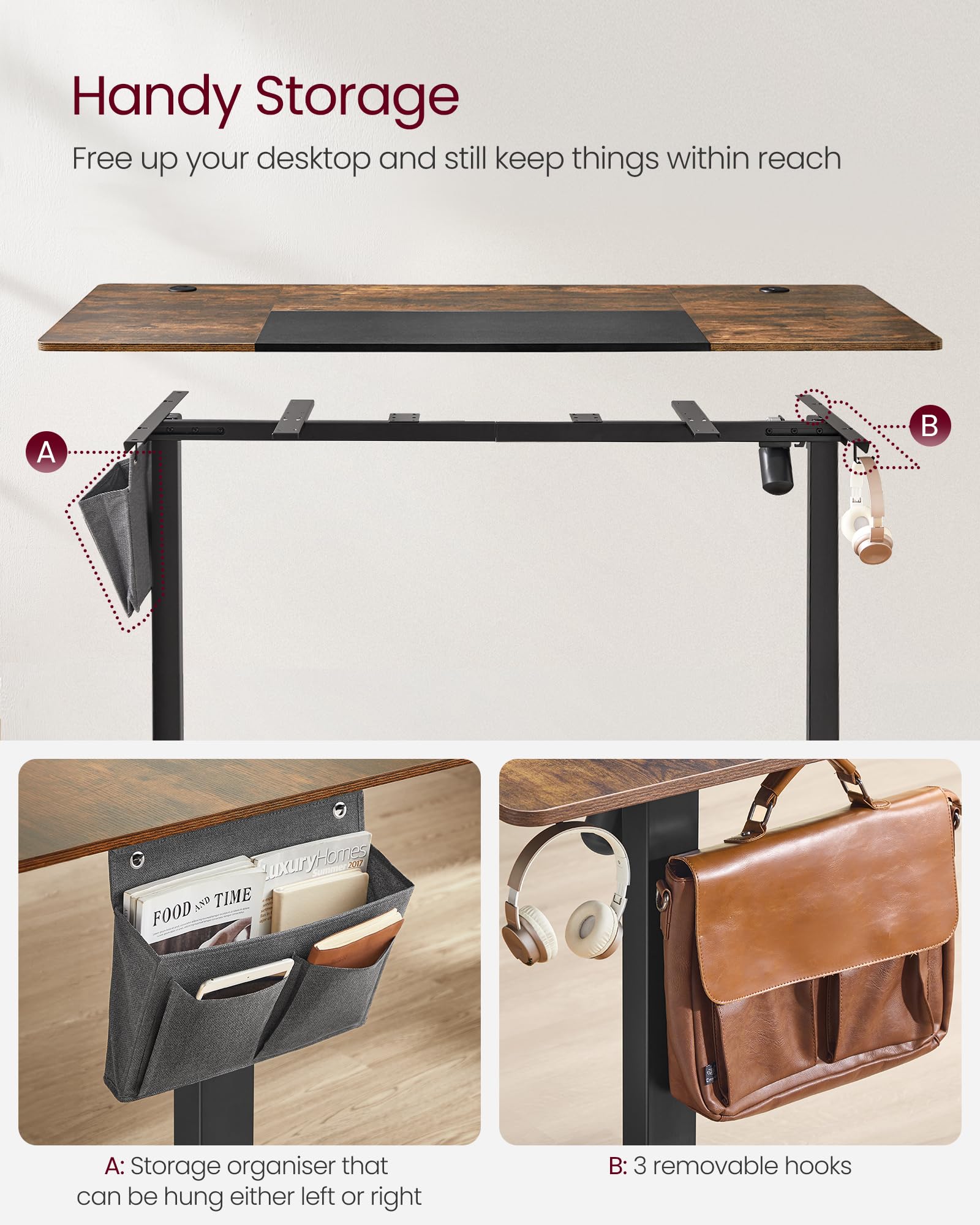VASAGLE Electric Standing Desk - Height Adjustable 72-120 cm | 120 x 60 cm Top | Rustic Brown + Matte Black 5