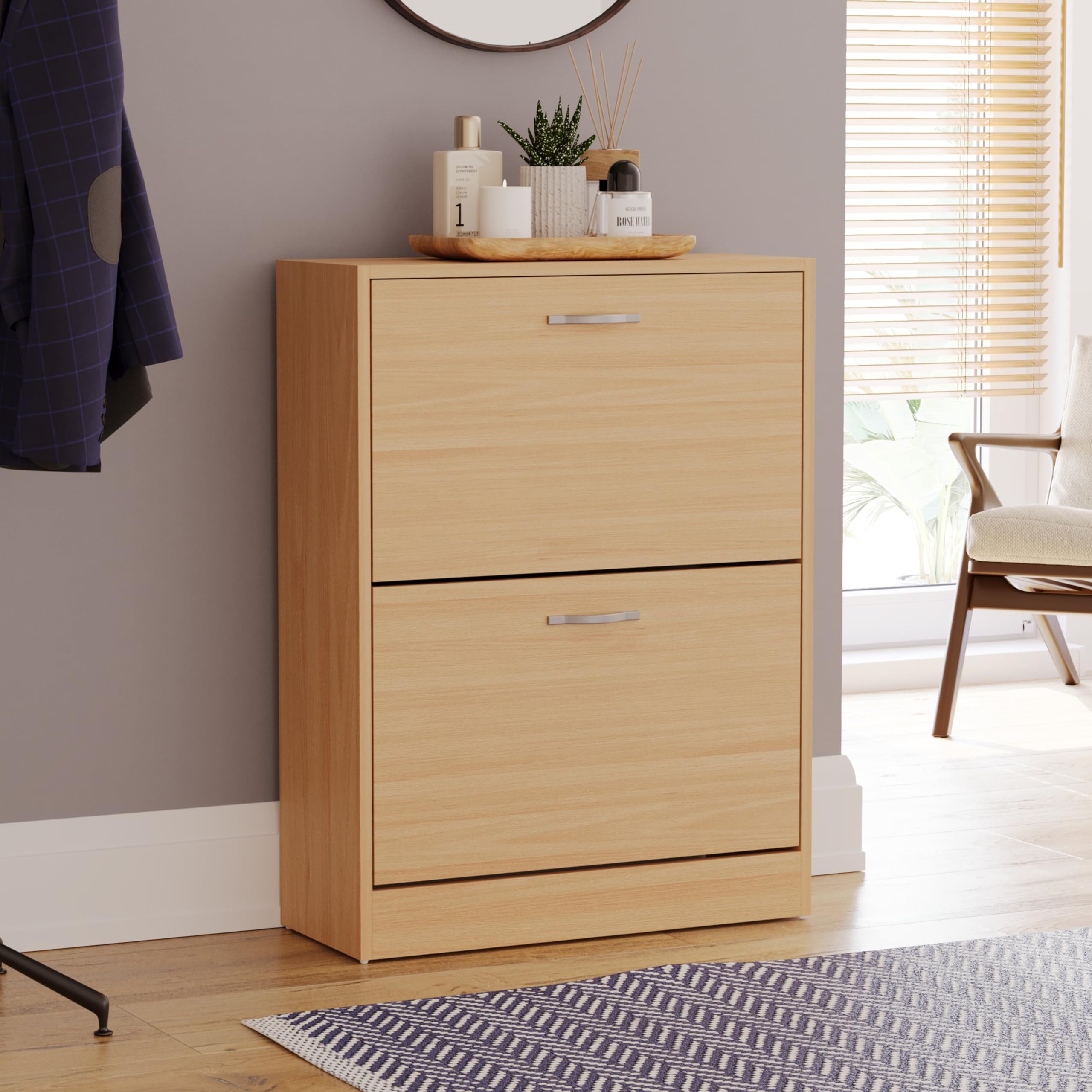 Vida Designs Wooden Shoe Cabinet - 2 Pull-Down Drawers | Slim Cupboard | Pine 1