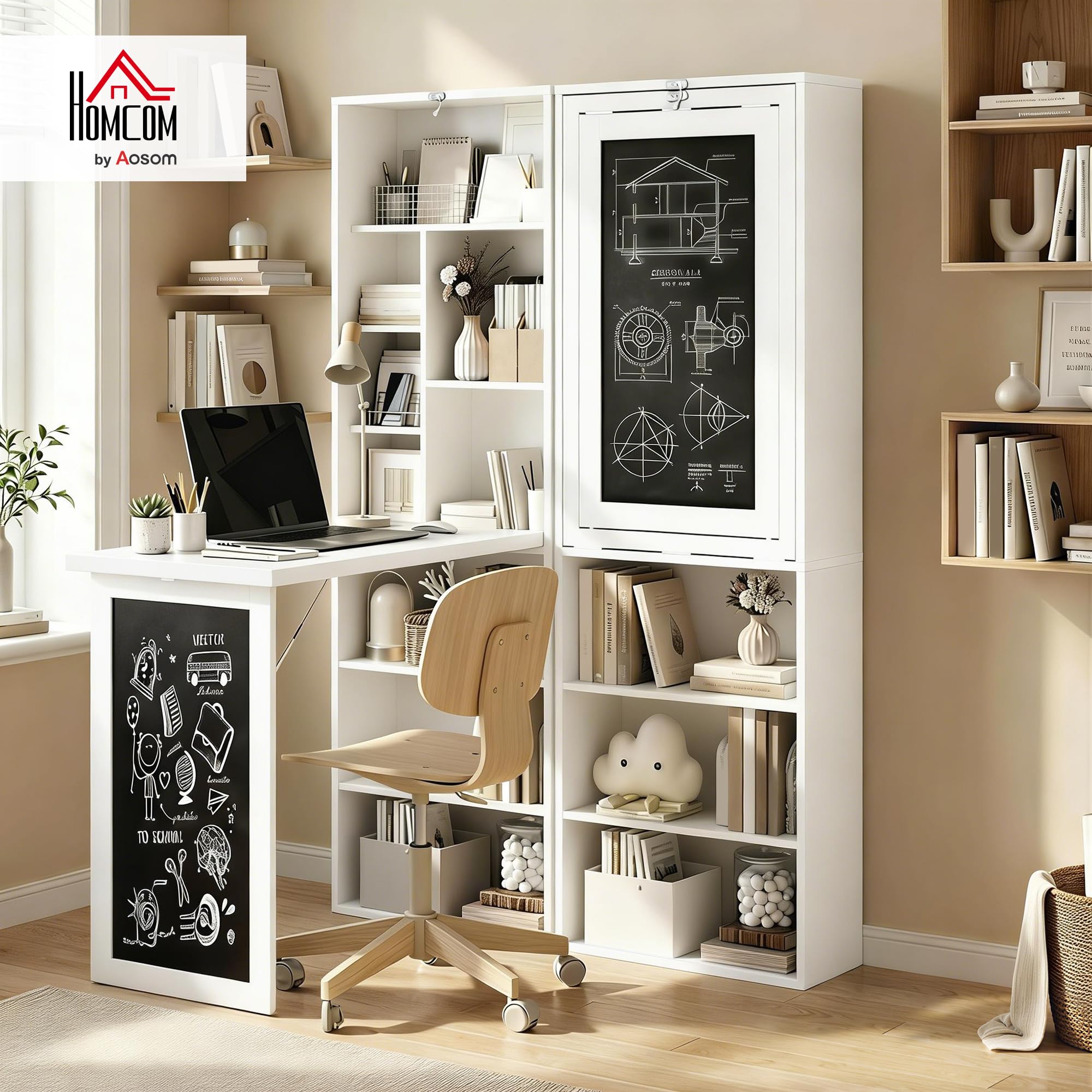 HOMCOM Wall Mounted Computer Desk - Space Saving Folding Study Table with Bookshelf | White | 98W cm