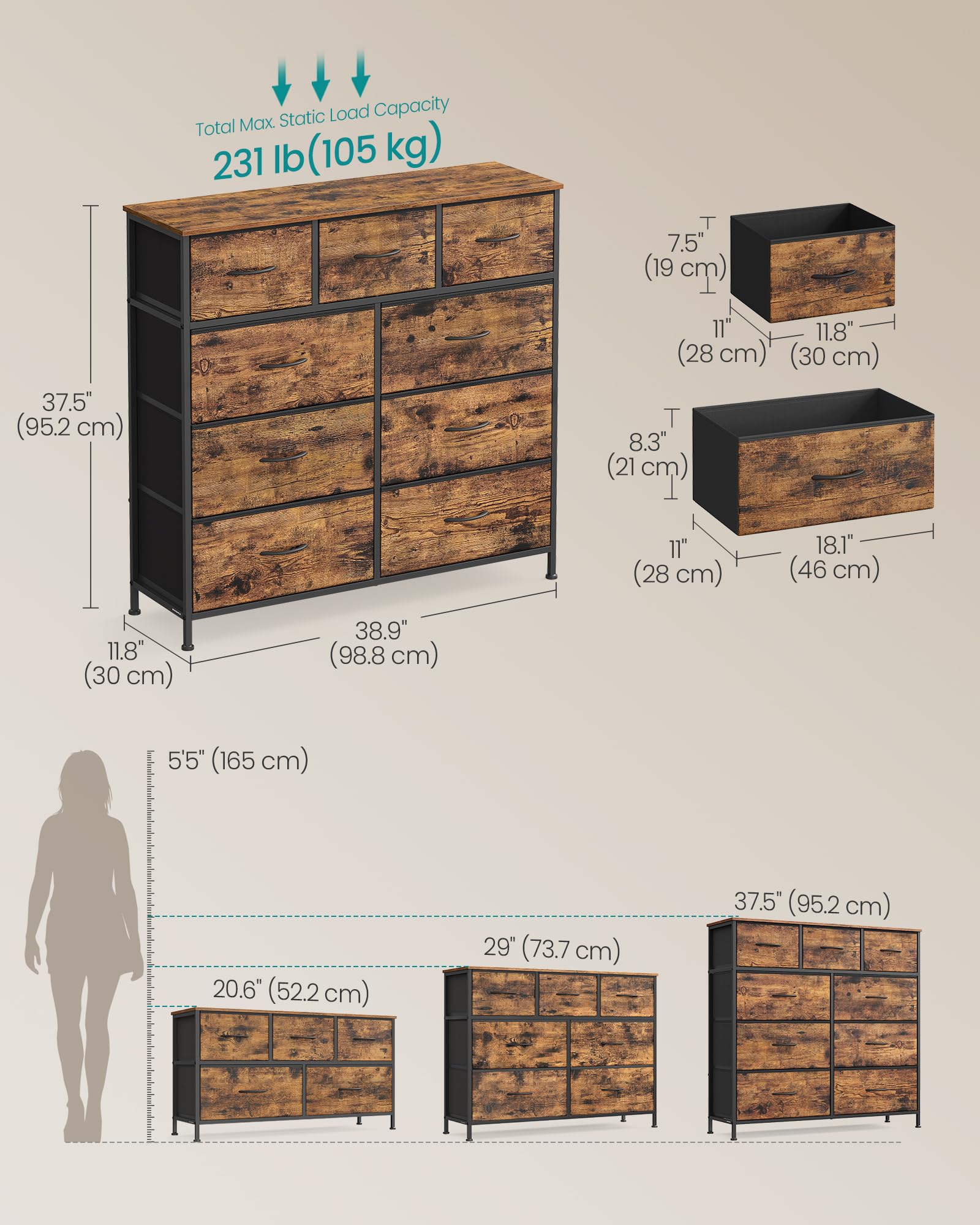 SONGMICS Chest of Drawers - 9 Storage Drawers | Steel Frame | Rustic Brown & Ink Black 2
