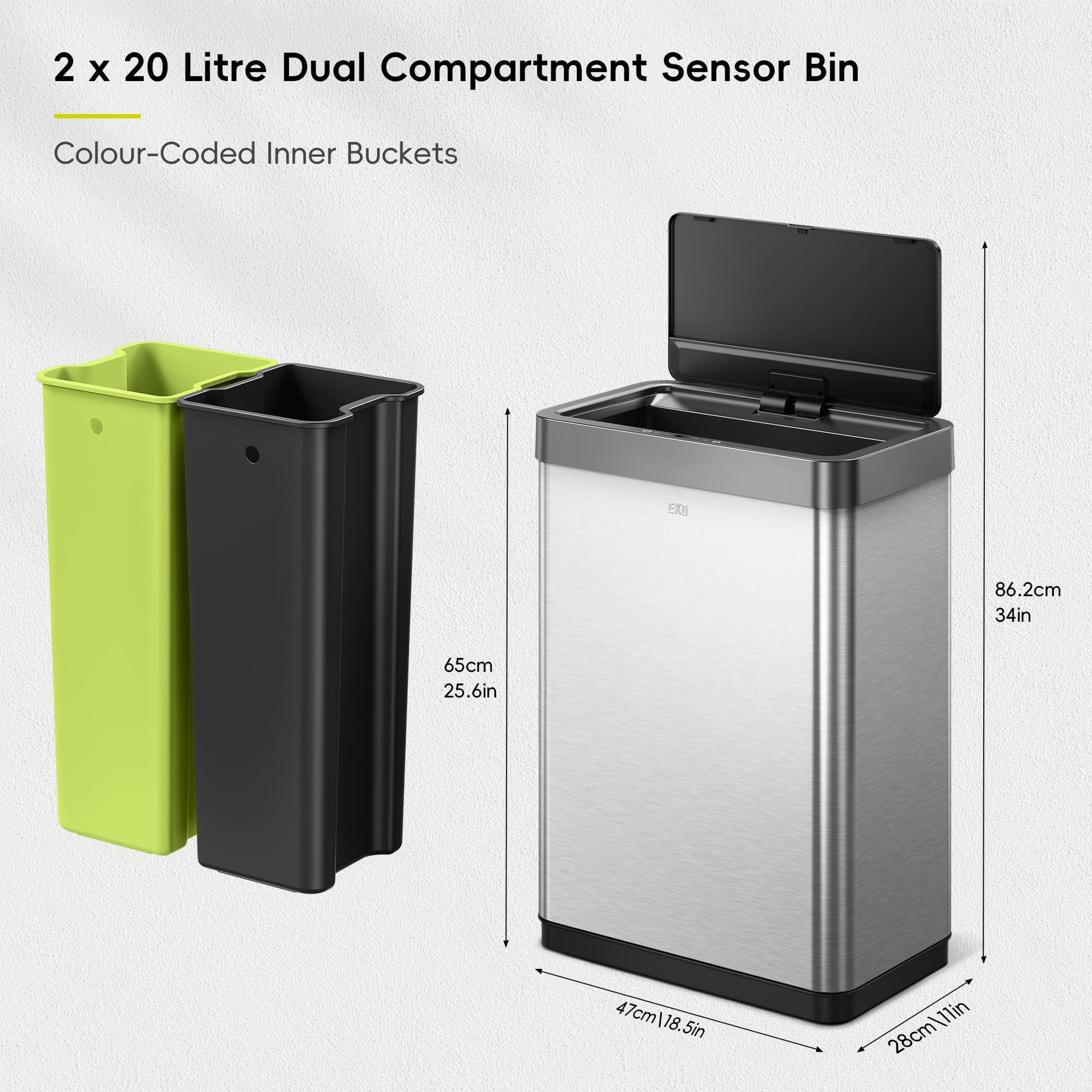 EKO Mirage X Automatic Sensor Kitchen Bin - 40L Dual Compartment Recycling | Stainless Steel 3