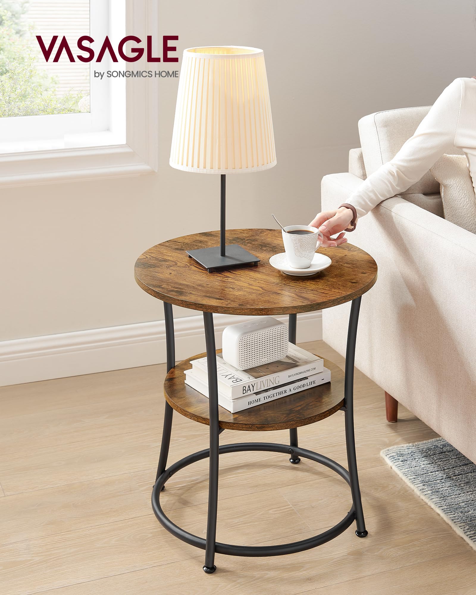 VASAGLE Round End Table - 2 Shelves, Industrial Style | 55 cm Dia | Rustic Brown/Ink Black 2