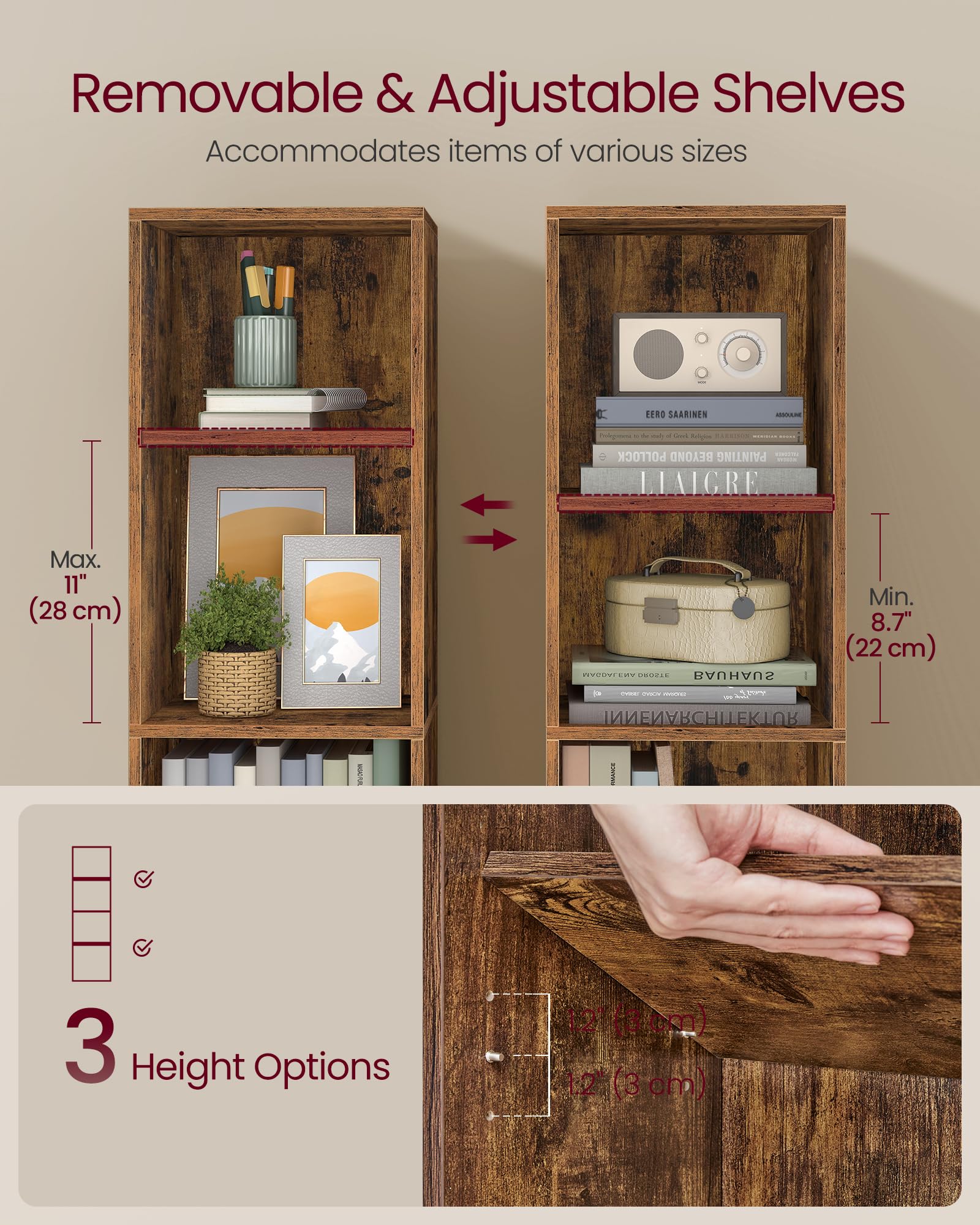 VASAGLE CUSTOS Collection 4-Tier Cube Bookcase Storage Shelf | Rustic Brown | Adjustable Shelves 4