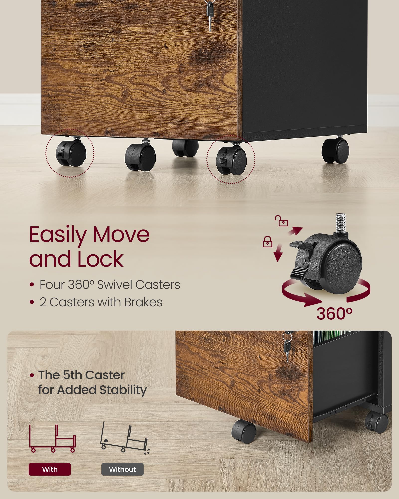 VASAGLE Rolling File Cabinet - 2 Lockable Drawers | Rustic Brown & Black | 43.8x40x54.5 cm 6