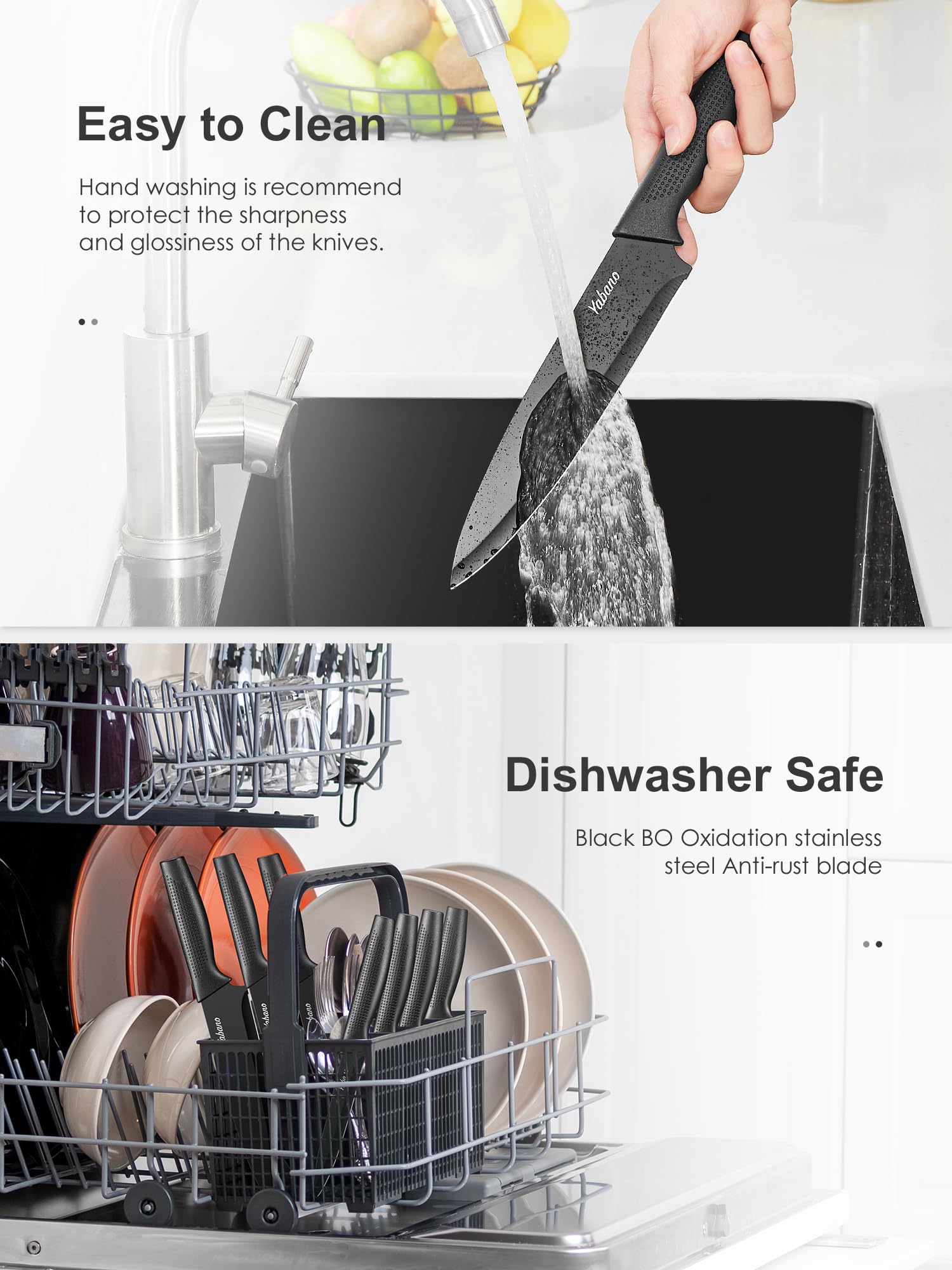 Yabano 8 Piece Kitchen Knife Set with Block - Stainless Steel, Built-in Sharpener, Black 5