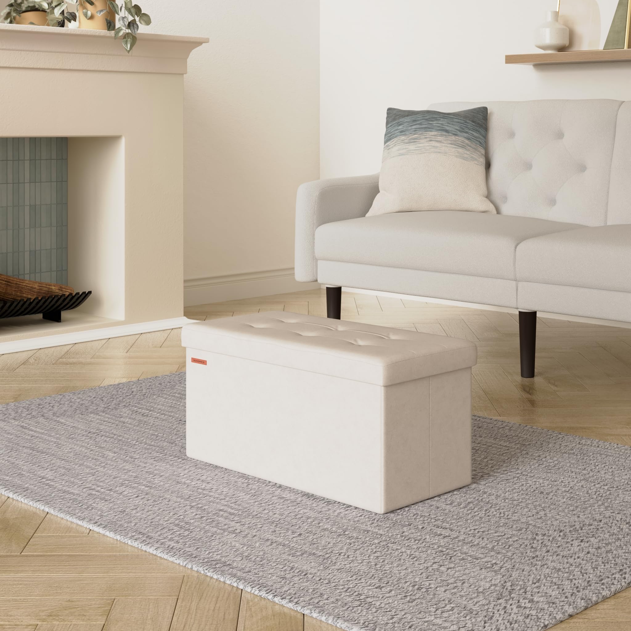 SONGMICS Storage Ottoman - Foldable Foot Rest with 89L Capacity | Cream White Velvet | 300 kg Load