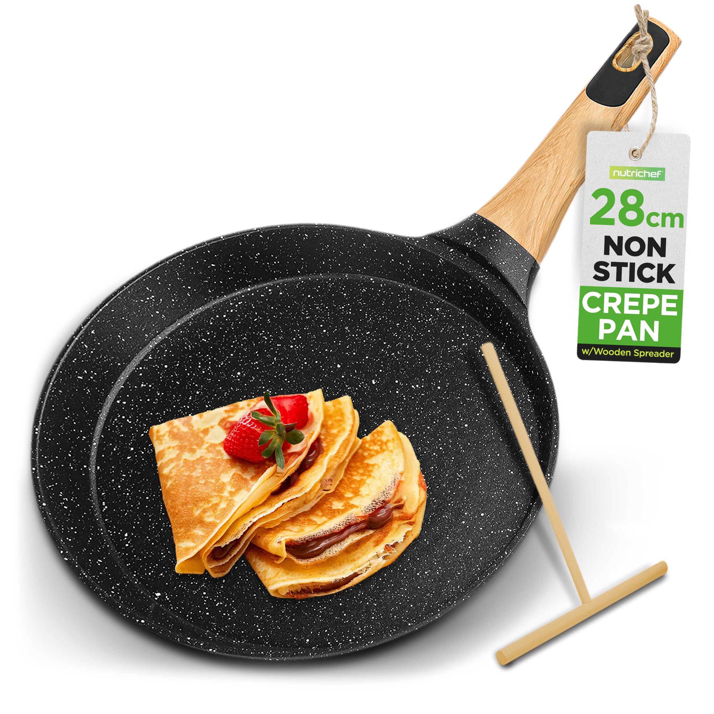Nutrichef 28cm Non-Stick Marble Coated Crepe Pan with Wooden Spreader | Induction Ready 1