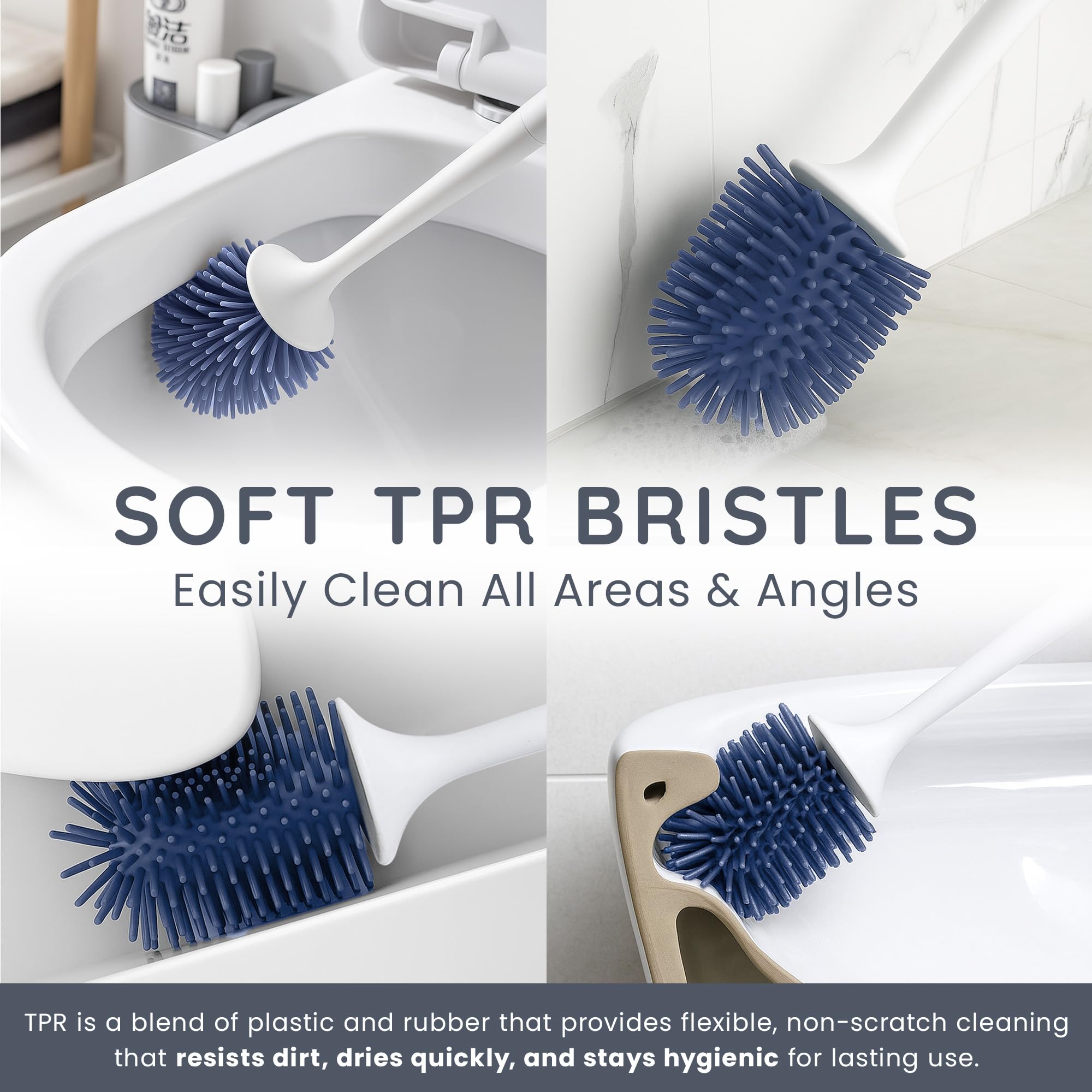 CUQOO Silicone Toilet Brush and Holder Set - Flexible TPR Bristles for Deep Cleaning | Ventilated Holder | White 2