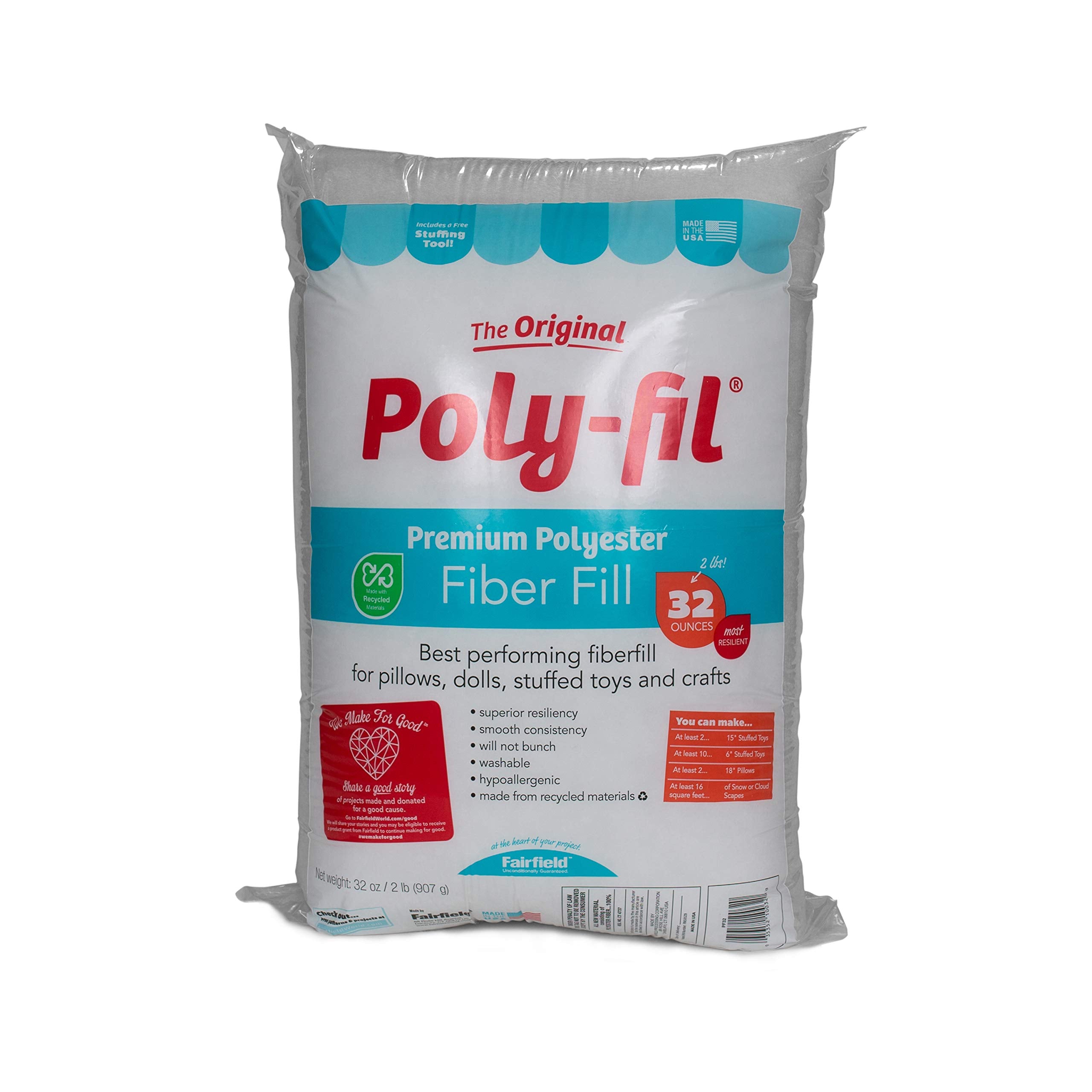 Poly-Fil Premium Fiber Fill - 32 OZ Bag for Cushions, Stuffed Animals, and Decor | Hypoallergenic Polyester 1