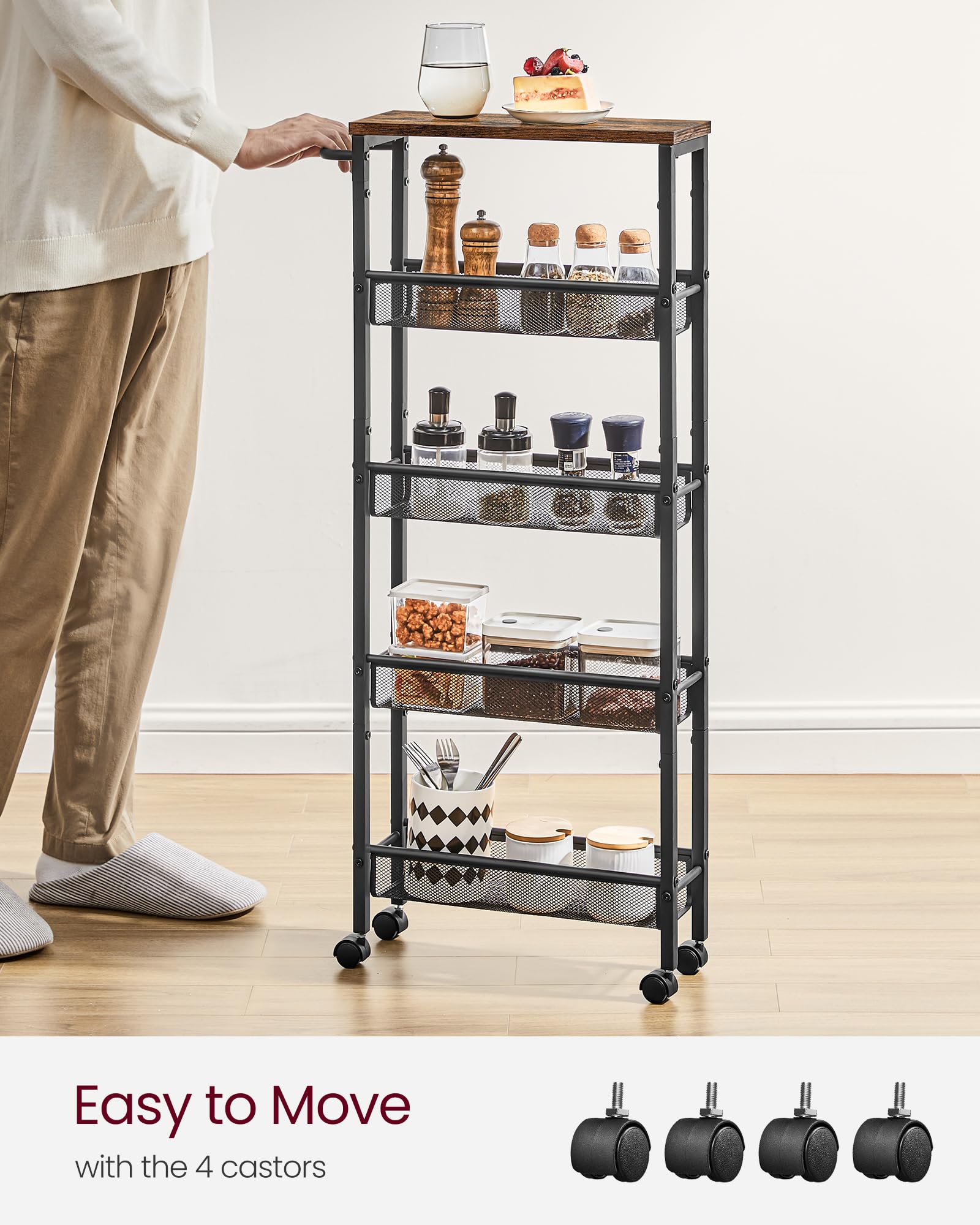 VASAGLE 5-Tier Kitchen Storage Cart with Castors | Slim 13cm Deep | Rustic Brown + Black 5