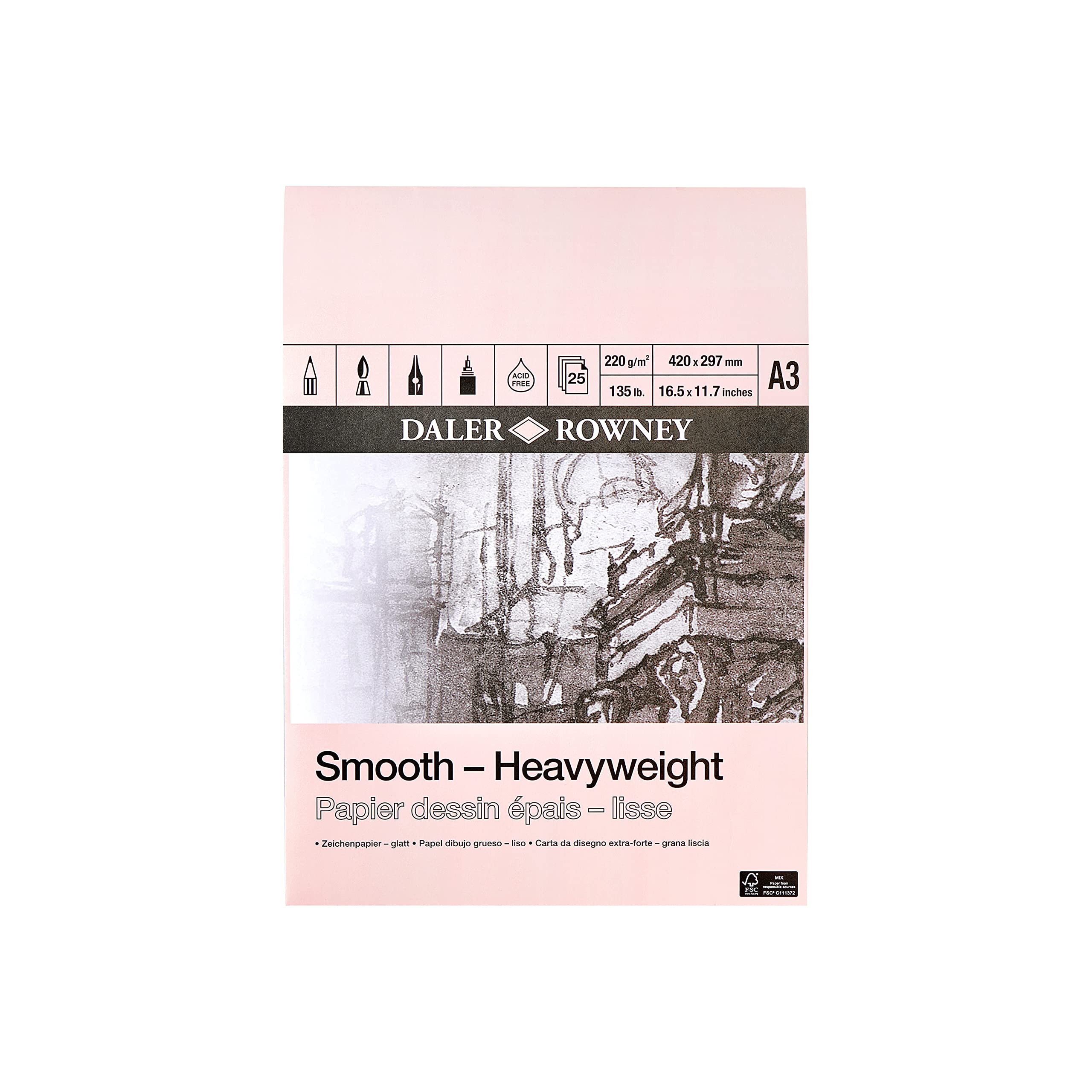 Daler Rowney Smooth Heavyweight Drawing Paper A3 220gsm Pad | Natural White | Acid Free 1