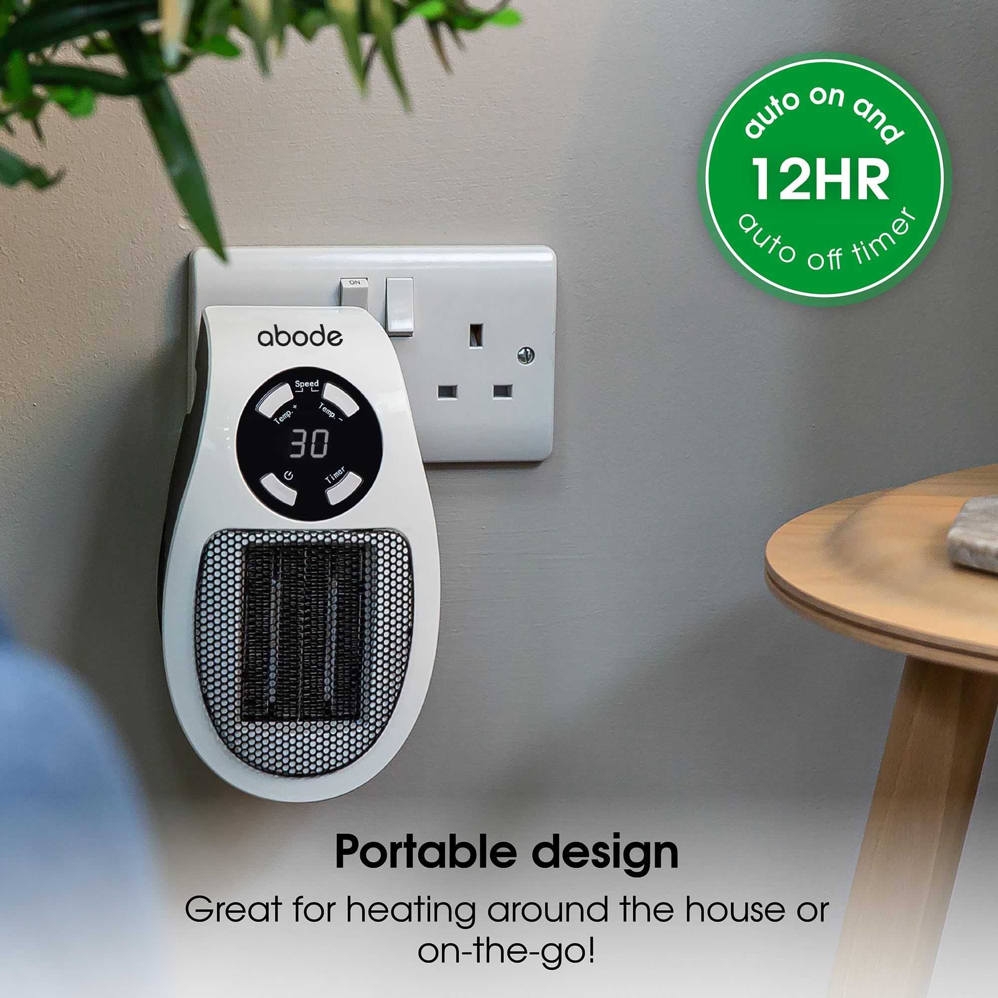 Abode 500W Compact Portable White Ceramic Plug-in Heater with 2 Heat Settings | 15°C-30°C | 12hr Timer 6