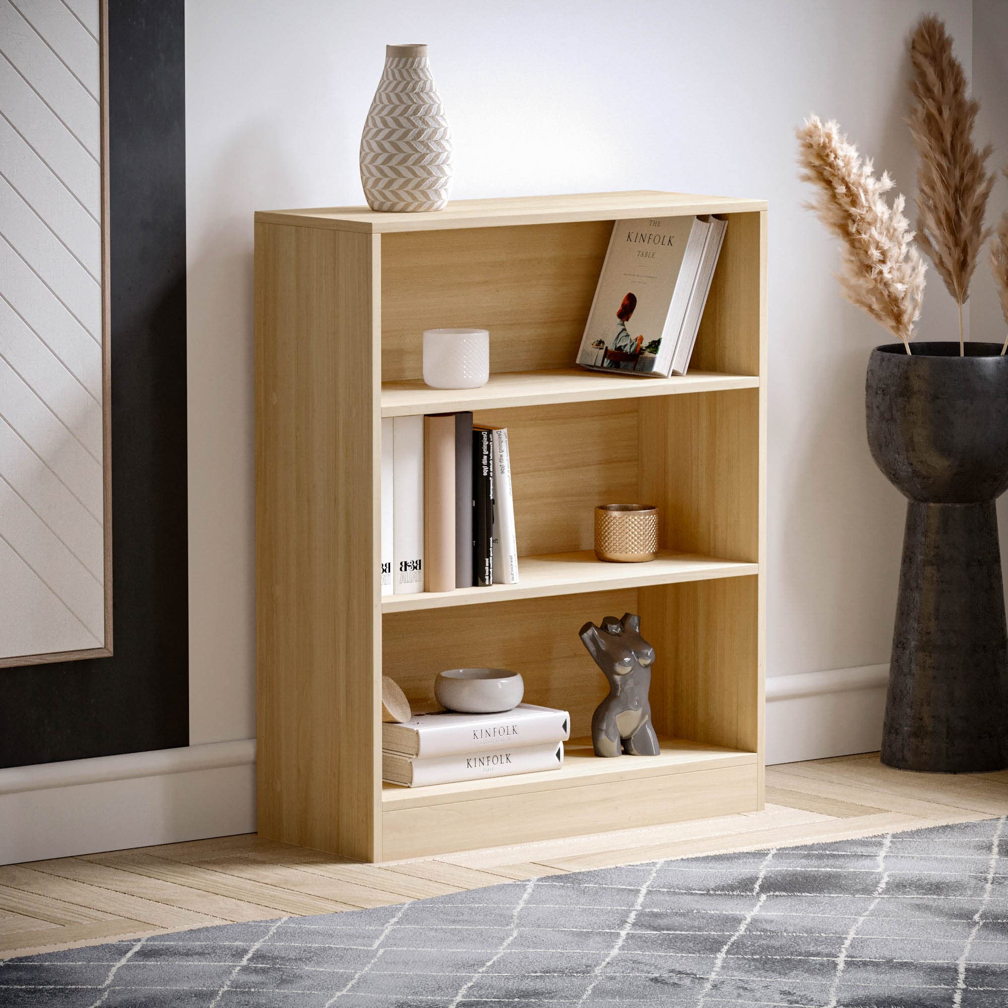 Vida Designs Cambridge 3 Tier Low Bookcase - Oak Wood Shelving | H 75 x W 60 cm | Chipboard & MDF 6