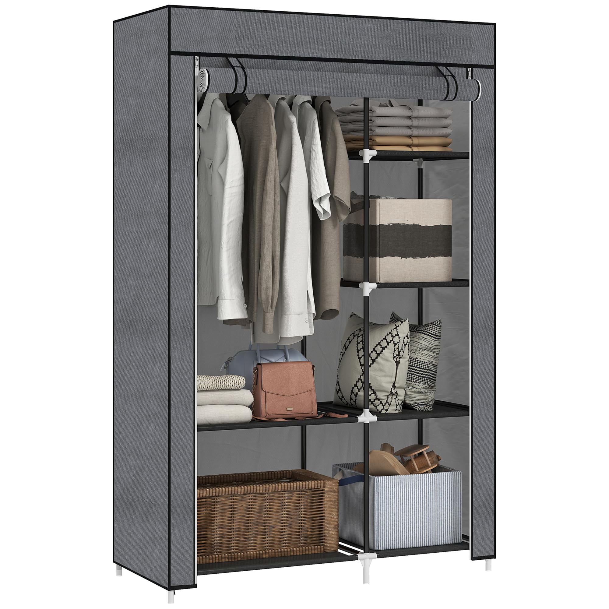 HOMCOM Portable Fabric Wardrobe - 6 Shelves, Hanging Rail | Dark Grey | 103W x 43D x 162.5H cm 1