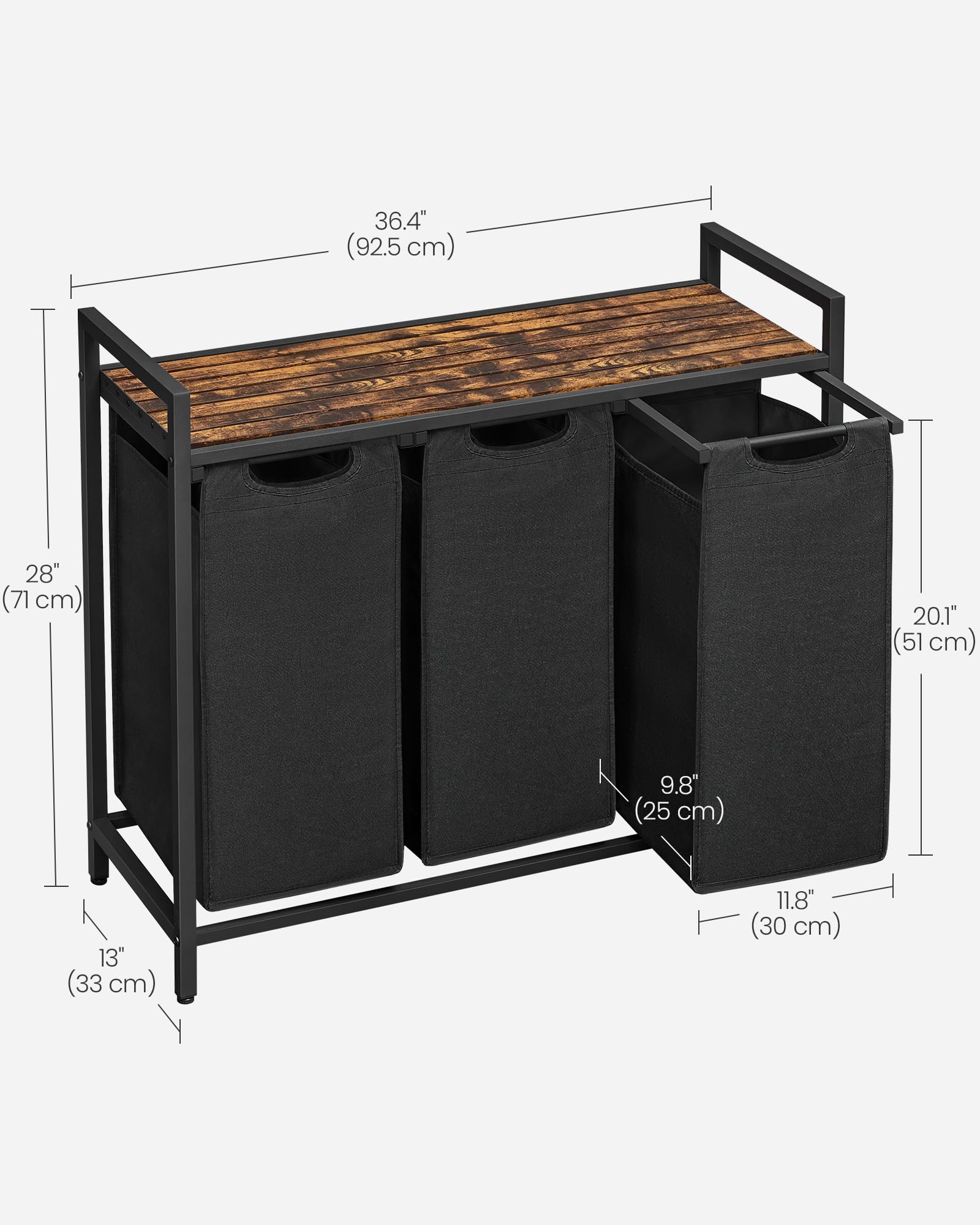 VASAGLE 3-Compartment Laundry Hamper with Pull-Out Liners | 120 L Capacity | Rustic Brown + Black 7