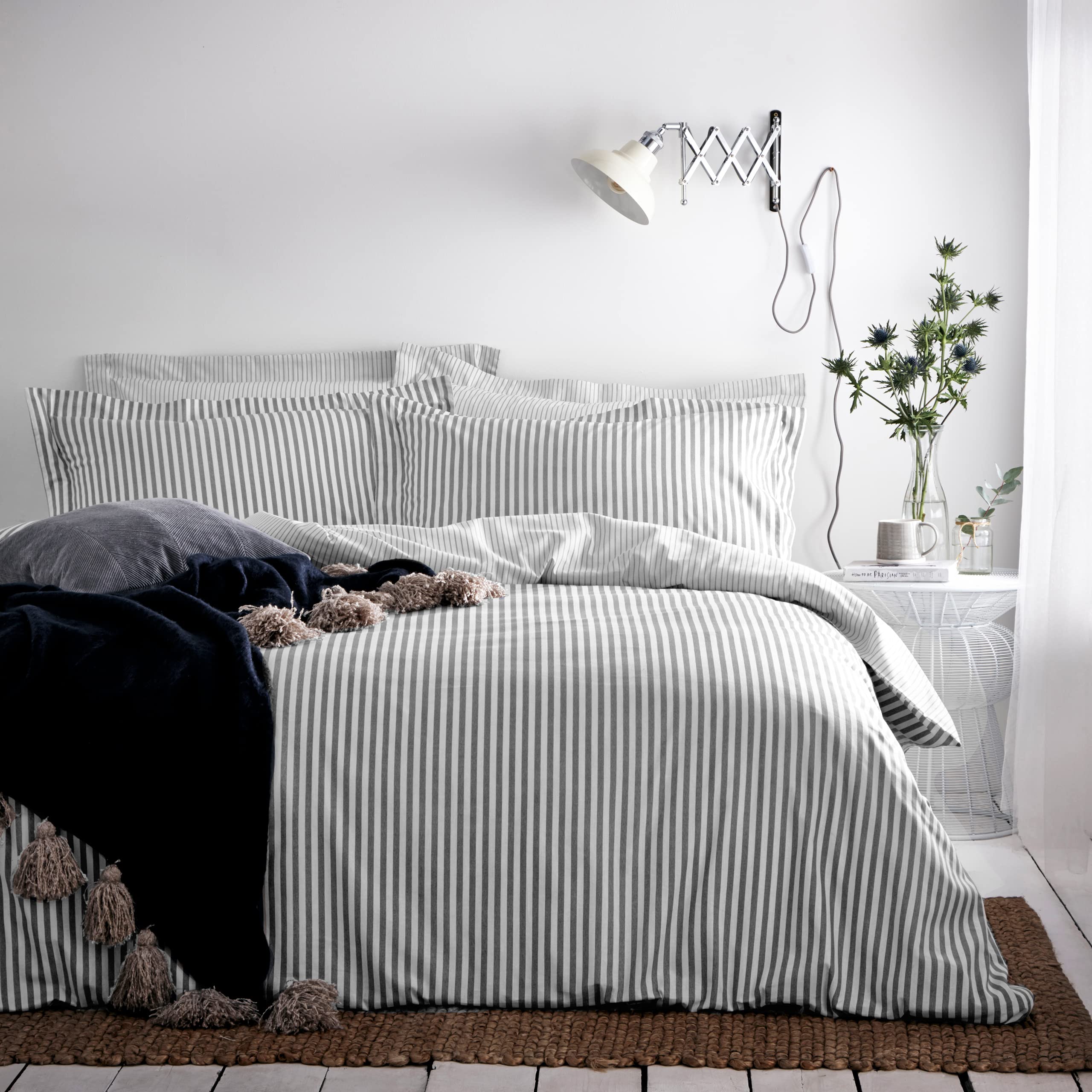 furn. Yard Hebden Reversible Stripe Cotton Duvet Cover Set - Grey, King Size, 100% Washed Cotton 1