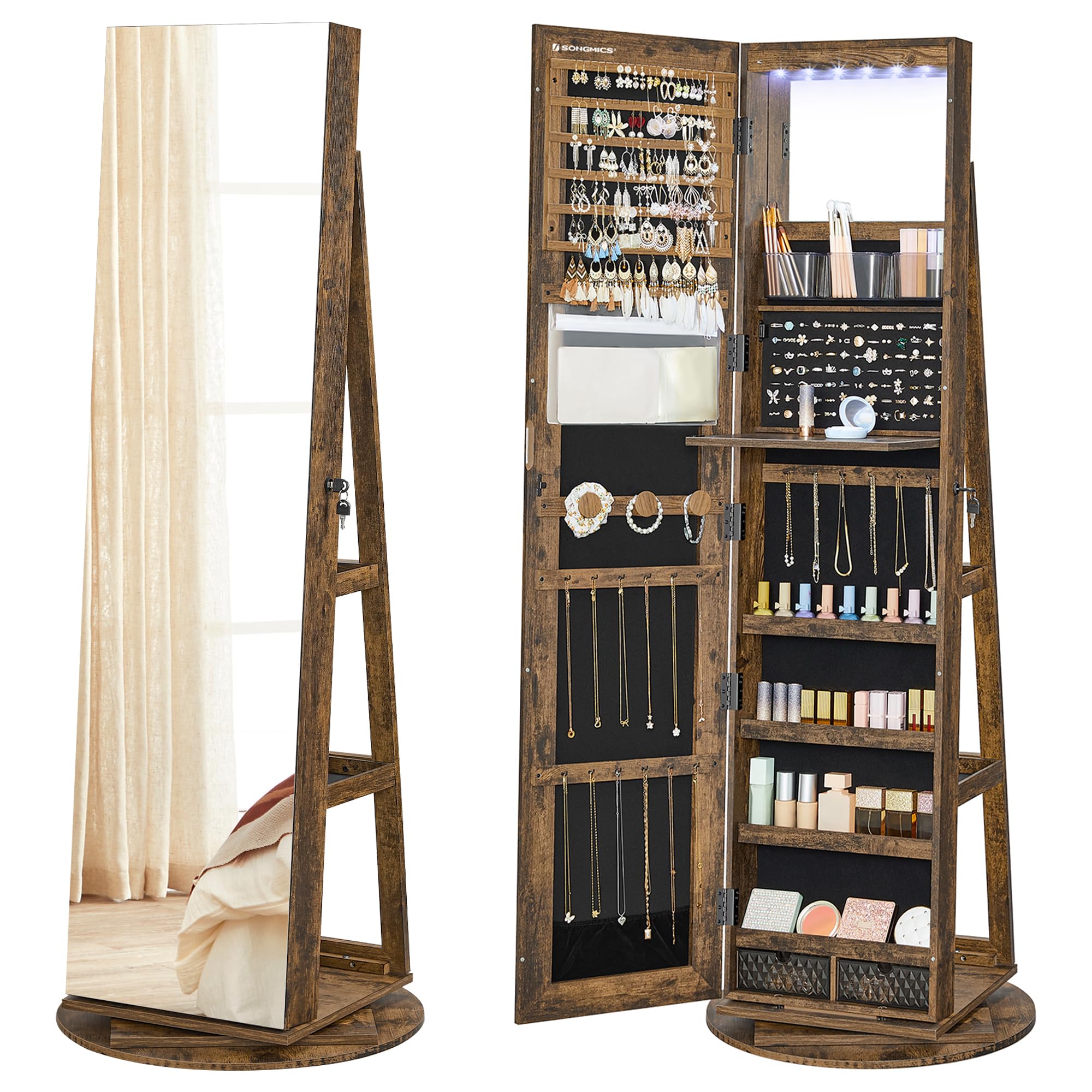 SONGMICS Lockable Full-Length Mirror Jewellery Cabinet - 6 LEDs, 360° Swivel, Rustic Brown | 54.5 x 162 cm 1