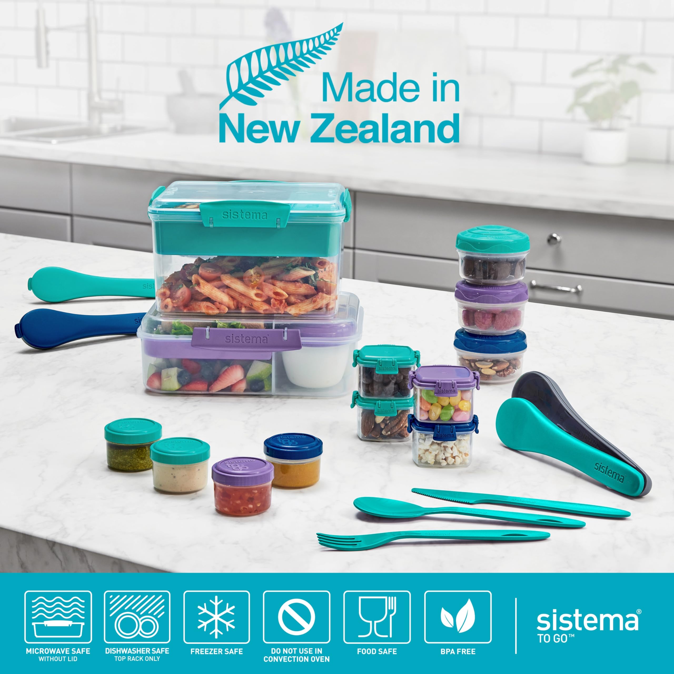 Sistema Bento Box Lunch Container - 1.65L Compartments, Hinged Lid | 2 Count Minty Teal & Ocean Blue 6