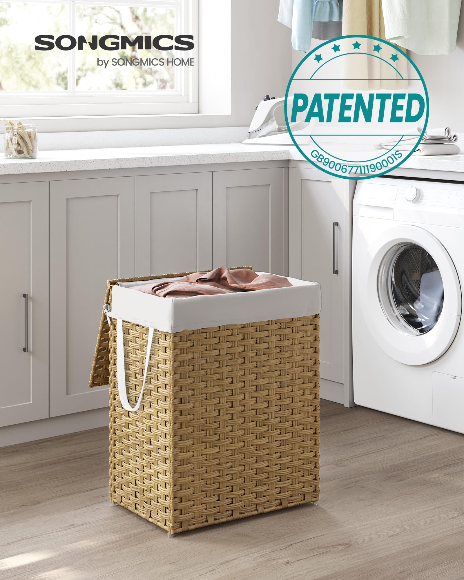 SONGMICS 90L Synthetic Rattan Laundry Basket with Lid and Handles | Foldable | Natural Colour 2