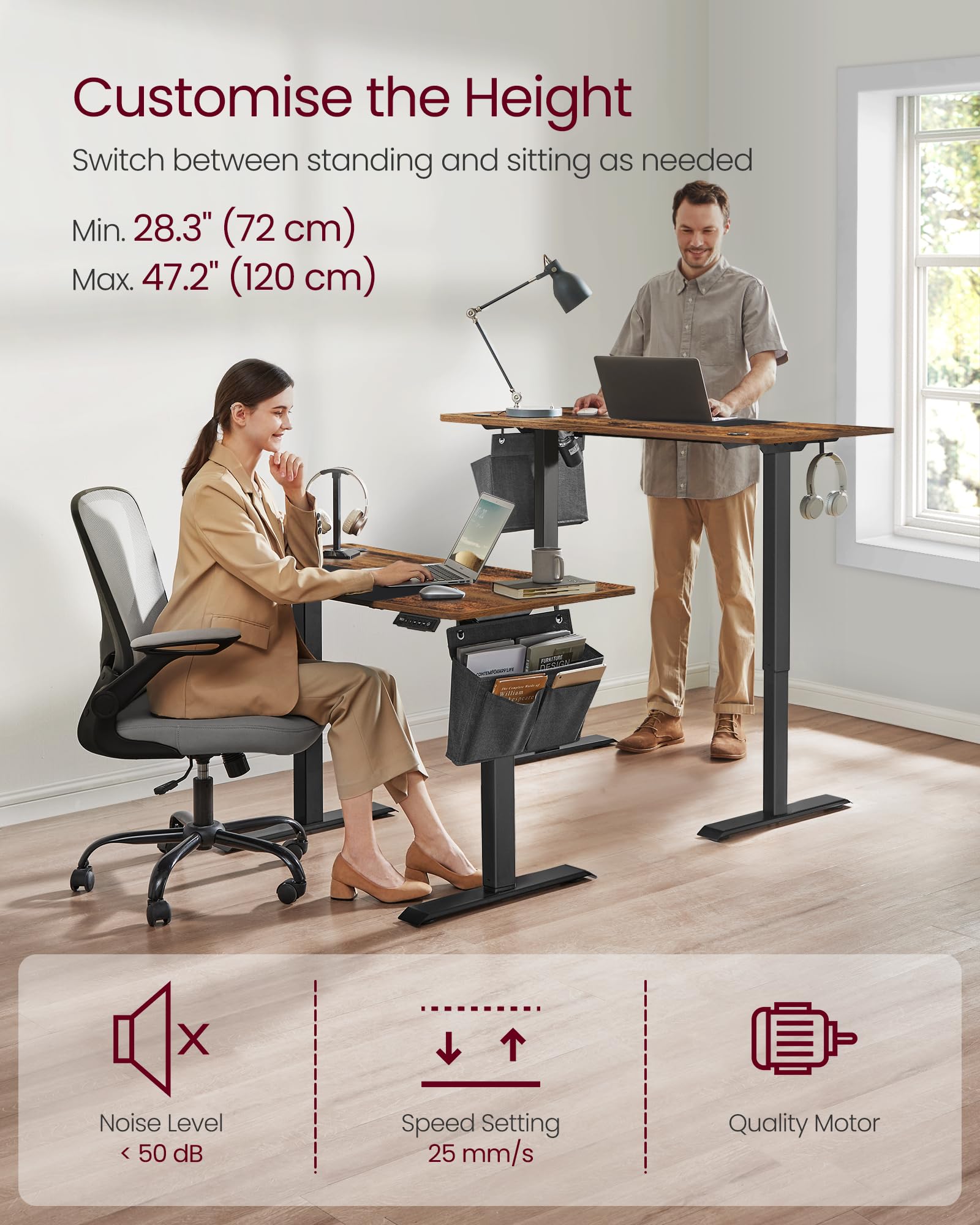 VASAGLE Electric Standing Desk - Height Adjustable 72-120 cm | 120 x 60 cm Top | Rustic Brown + Matte Black 4