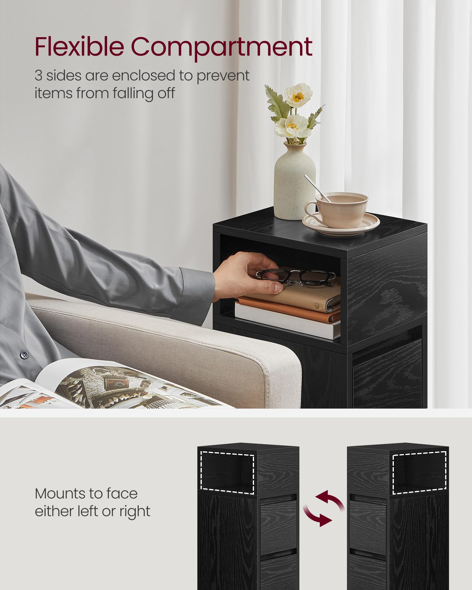 VASAGLE KAILYN Slim Bedside Table - Ebony Black | 30x25x65 cm | 2 Drawers 4