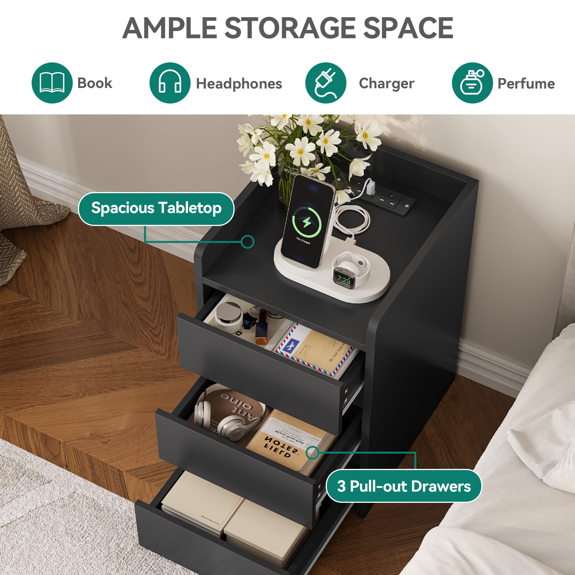 YITAHOME Bedside Table with 3 Drawers and Power Station | Black Engineered Wood | 35 x 40 x 59cm 5