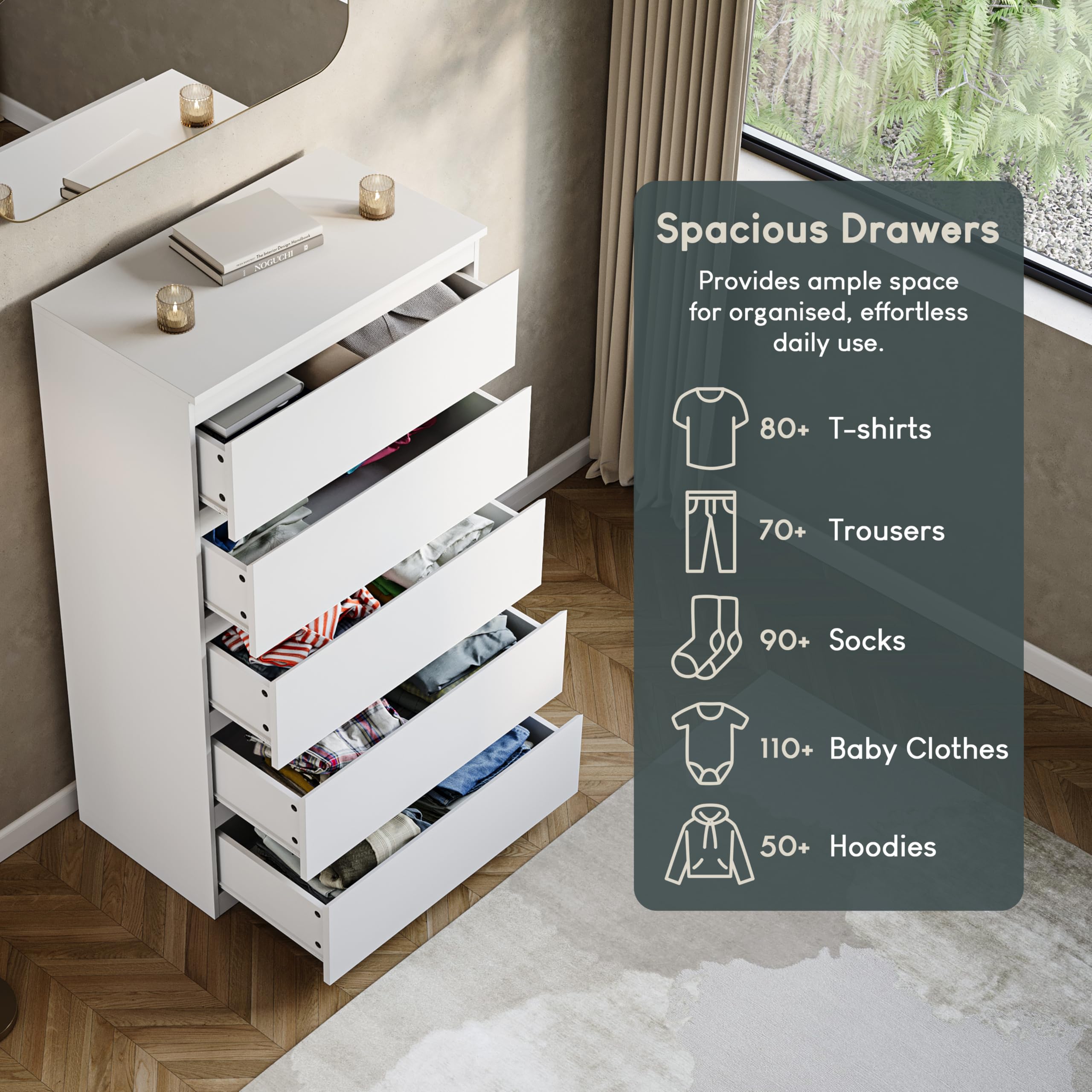 Vida Designs Denver 5 Drawer Chest of Drawers - White | 40D x 70W x 112H cm 4