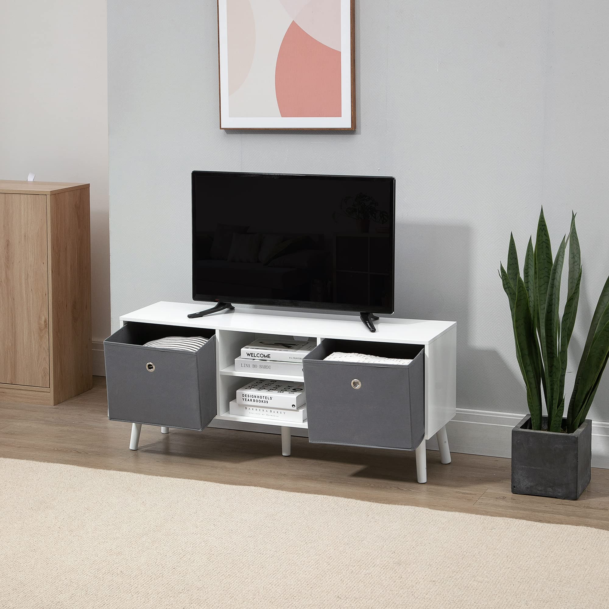HOMCOM TV Stand Unit for TVs up to 50' | White & Grey Engineered Wood | 2 Drawers, 2 Shelves 8