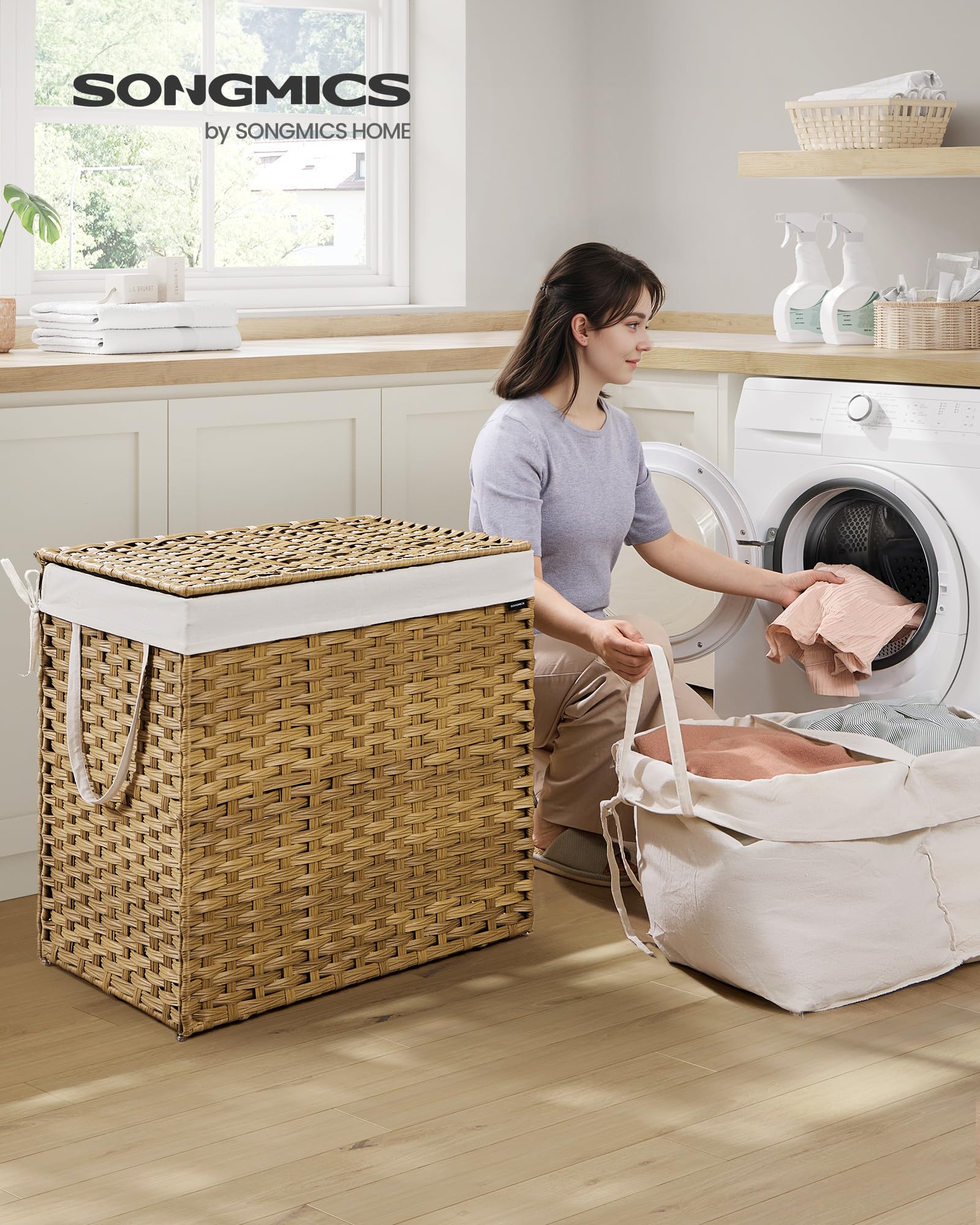 SONGMICS 160L Synthetic Rattan Laundry Basket with Lid and Handles | Natural Colour | Foldable