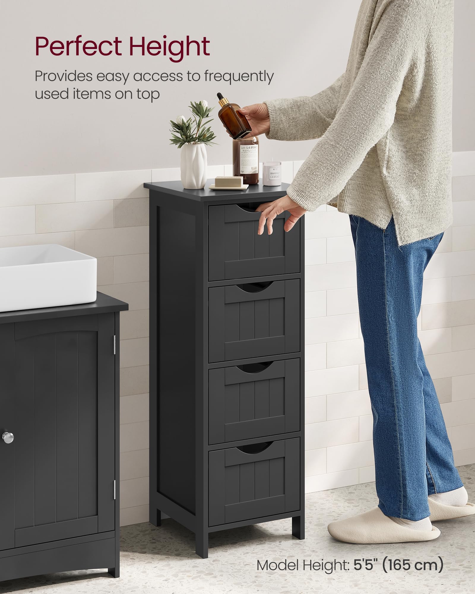 VASAGLE Bathroom Floor Storage Cabinet - 4 Drawers | 30 x 30 x 82 cm | Ink Black 7