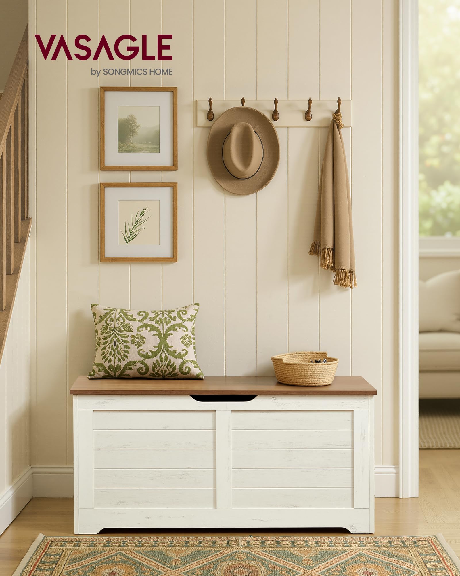 VASAGLE Storage Bench with Lid | Farmhouse Shoe Storage | 100W cm | Rustic White + Honey Brown