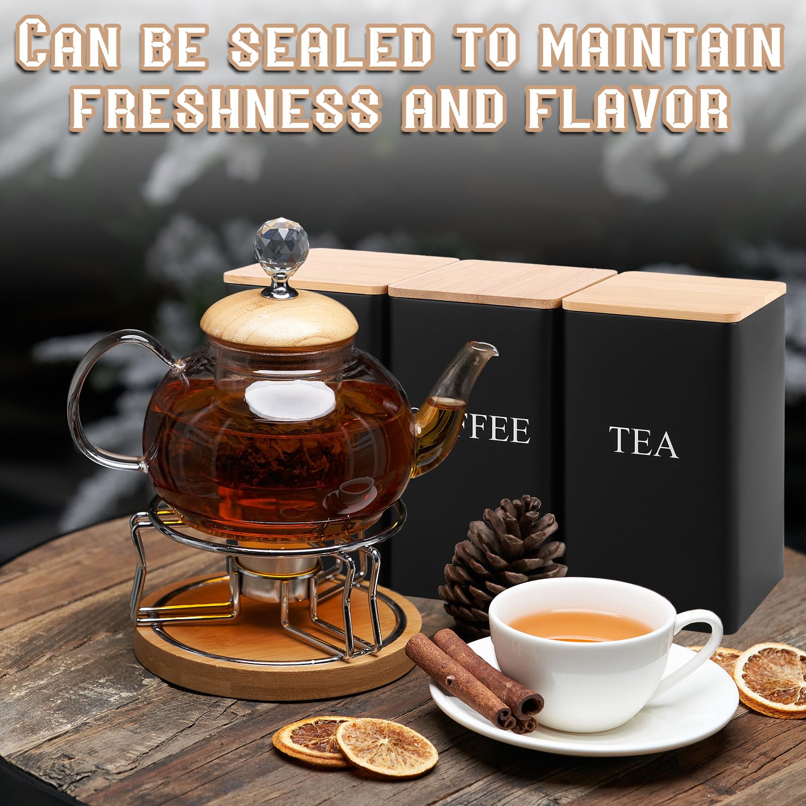 ASelected 3-Piece Metal Canister Set - 1L Airtight Storage for Coffee, Tea, Sugar | Square Black 7