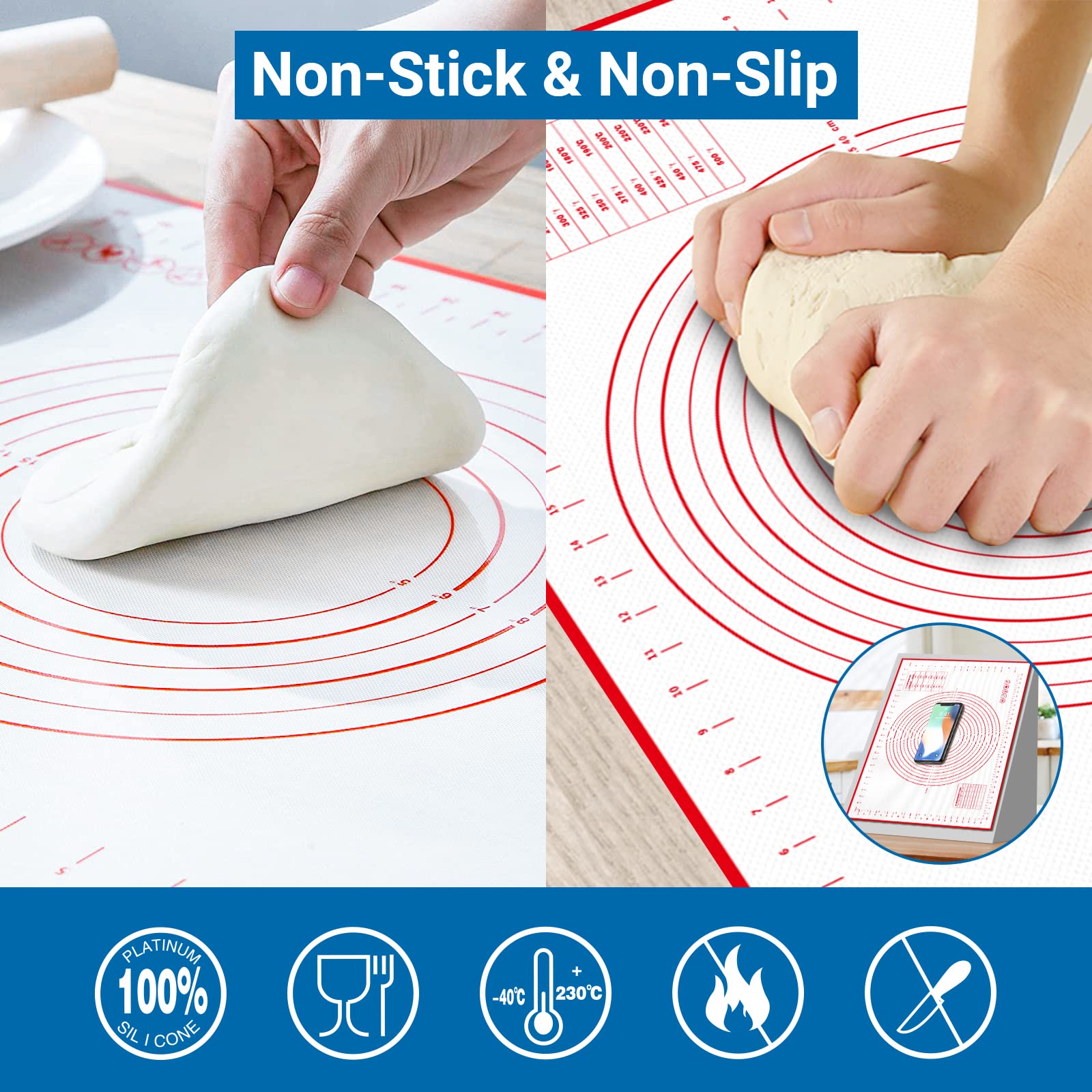 Alyvisun Silicone Baking Pastry Mat - 70x50CM Non-Stick, Reusable, Includes 3 Dough Scrapers 5