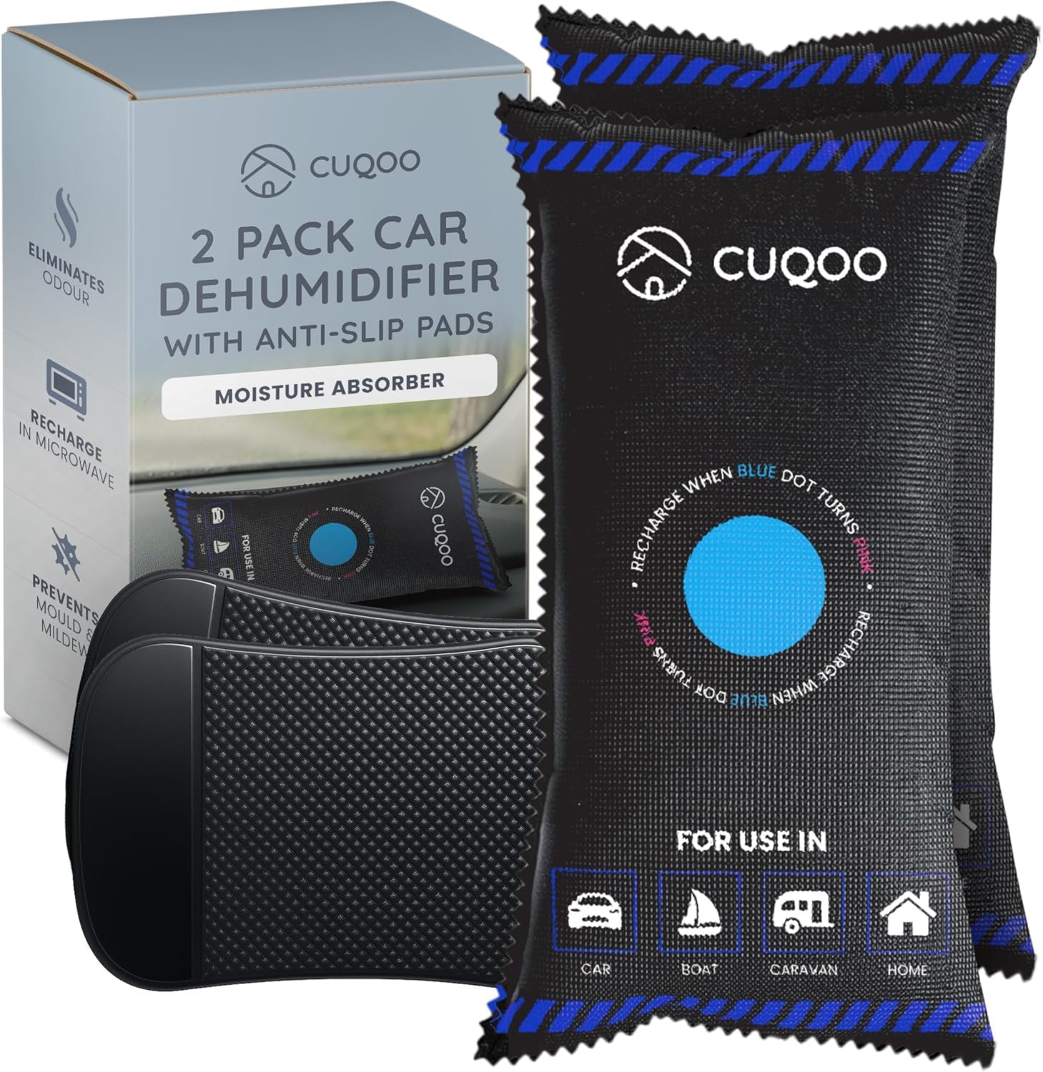 CUQOO 1KG Reusable Car Dehumidifier Bags - Pack of 2 with Anti-Slip Mat | Microwave Reactivated 1